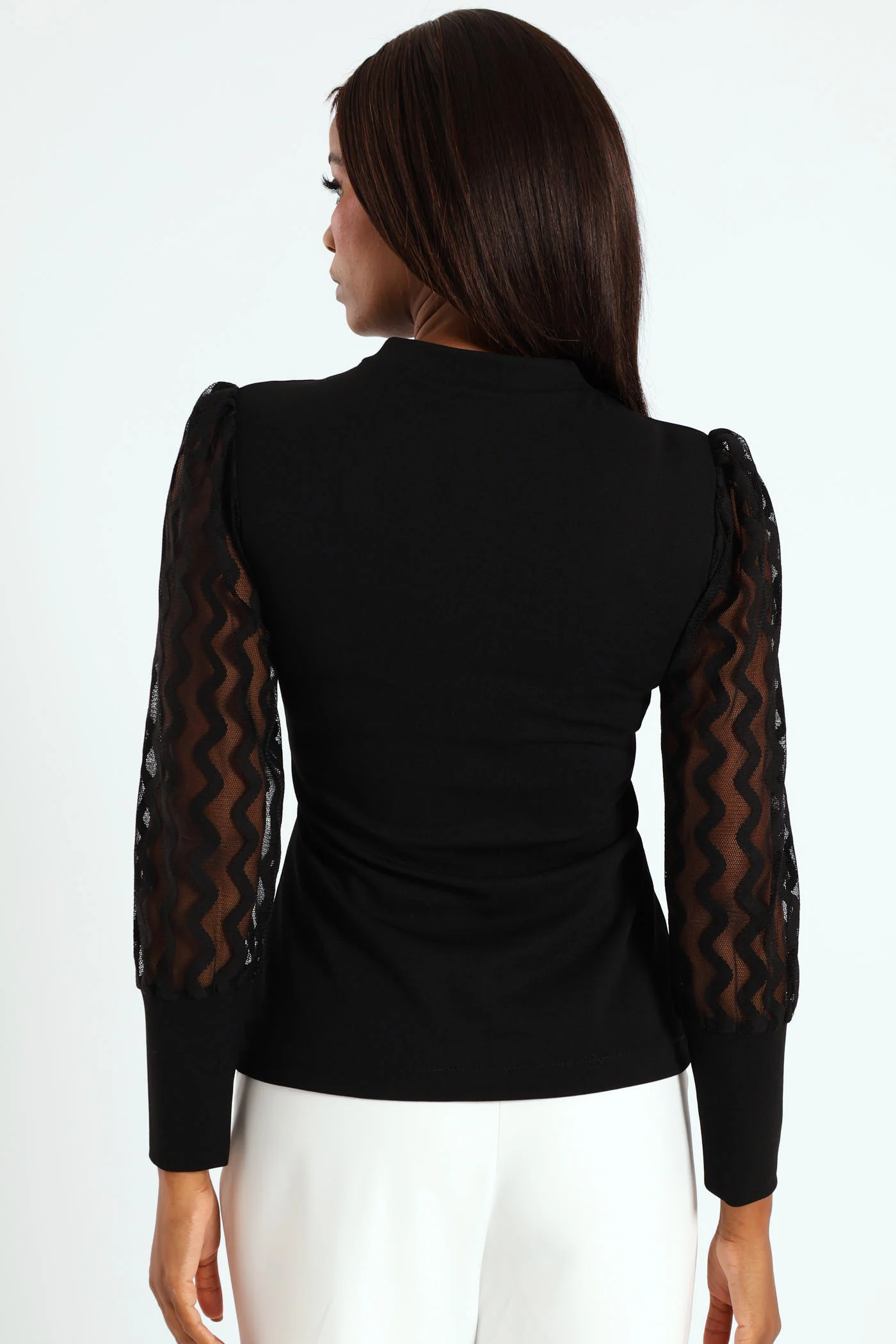 V-Neck Placket Combo Blouse - Black - Image 3