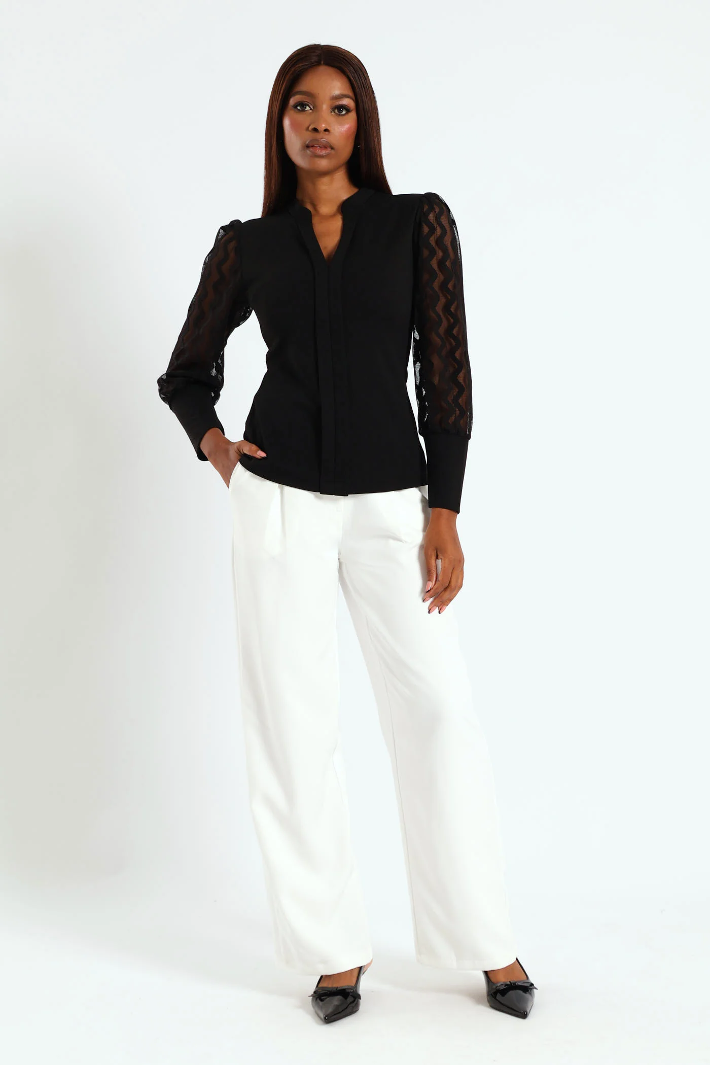V-Neck Placket Combo Blouse - Black - Image 4