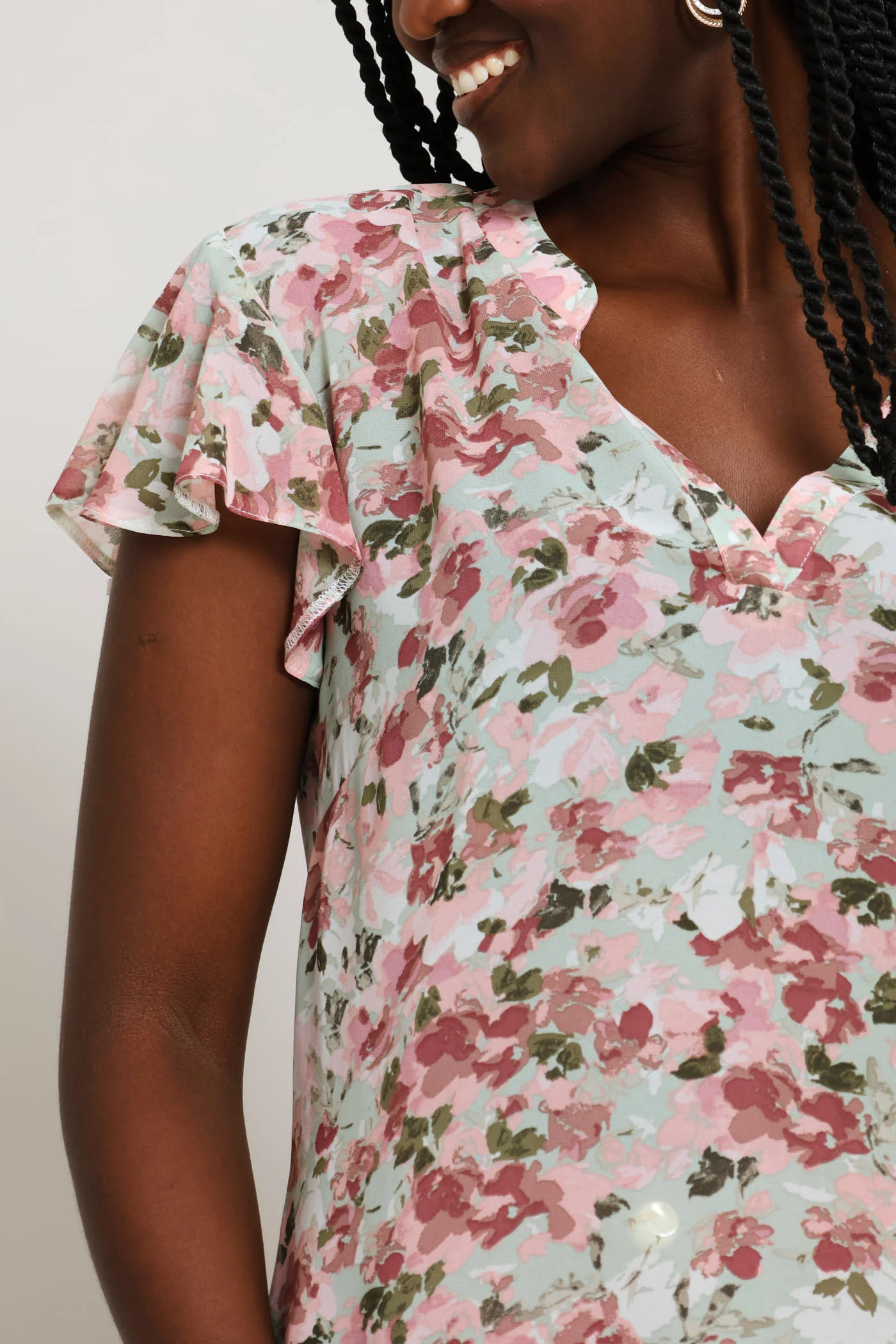 V-Neck Placket Floral Blouse - Sage - Image 2