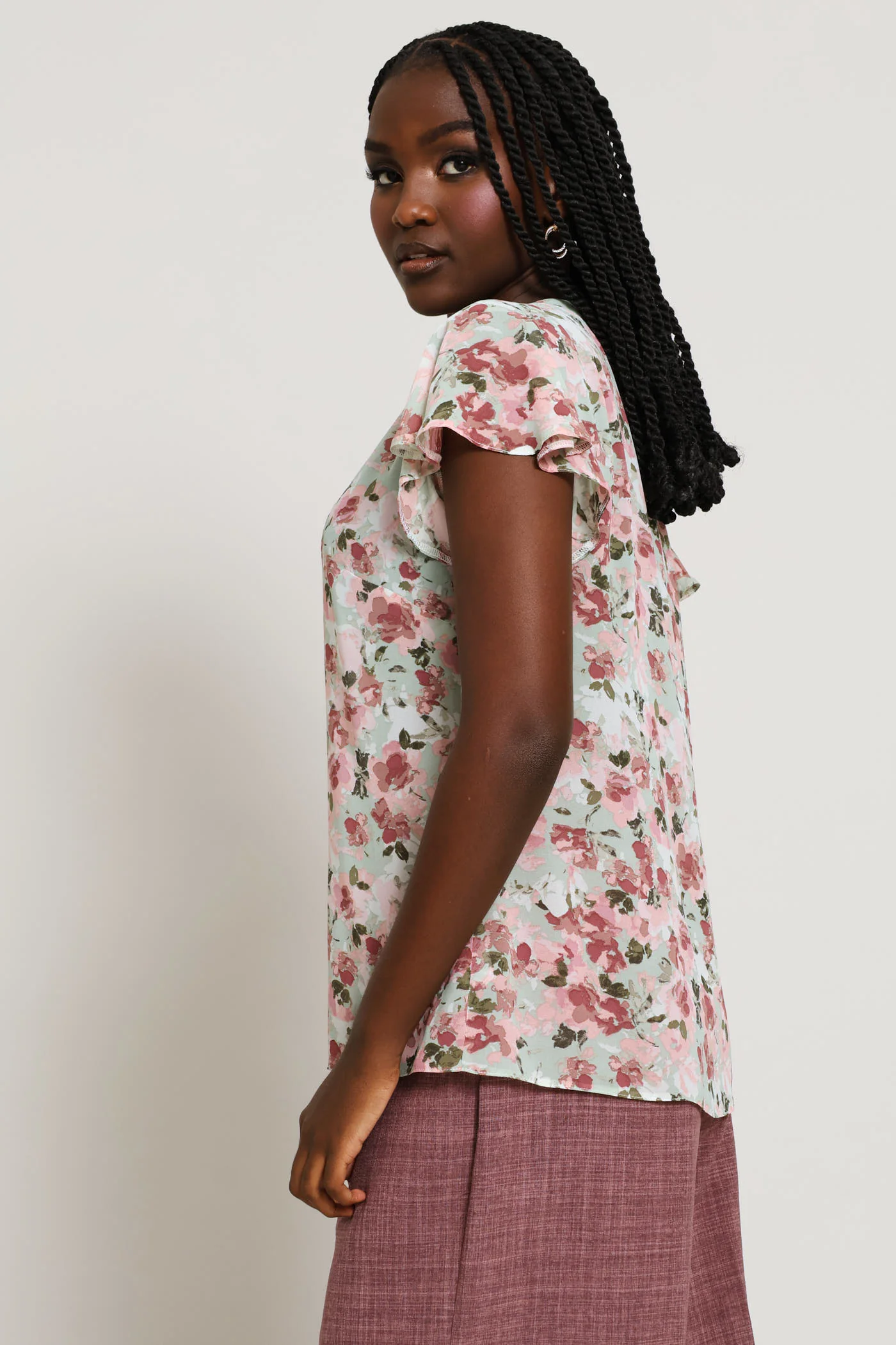 V-Neck Placket Floral Blouse - Sage - Image 3