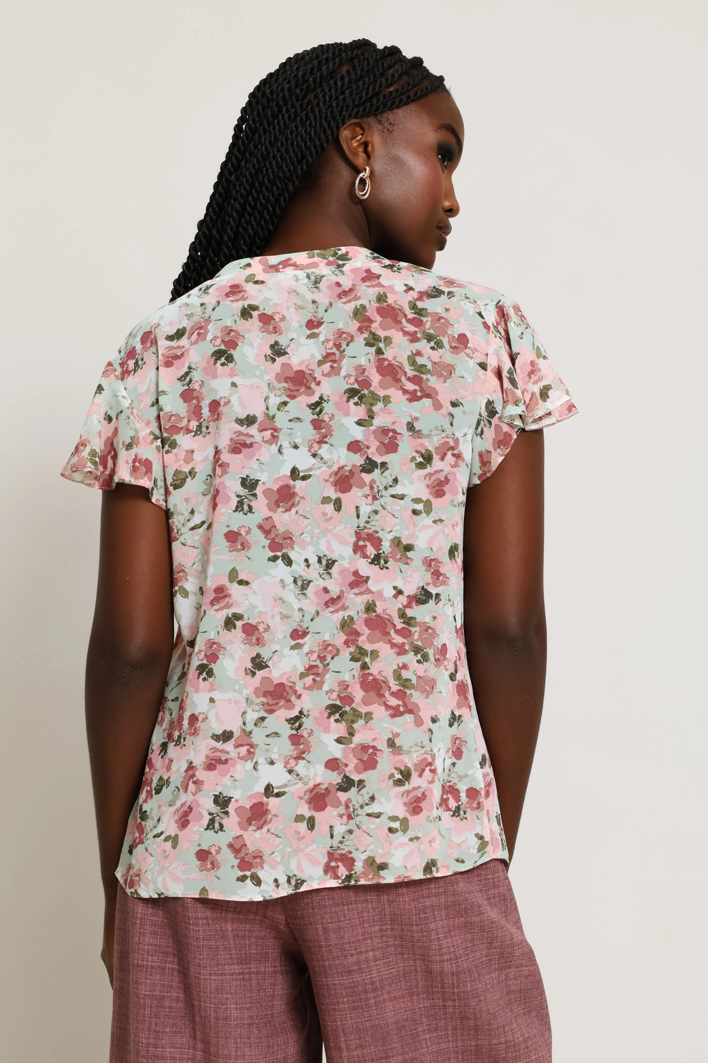 V-Neck Placket Floral Blouse - Sage - Image 4