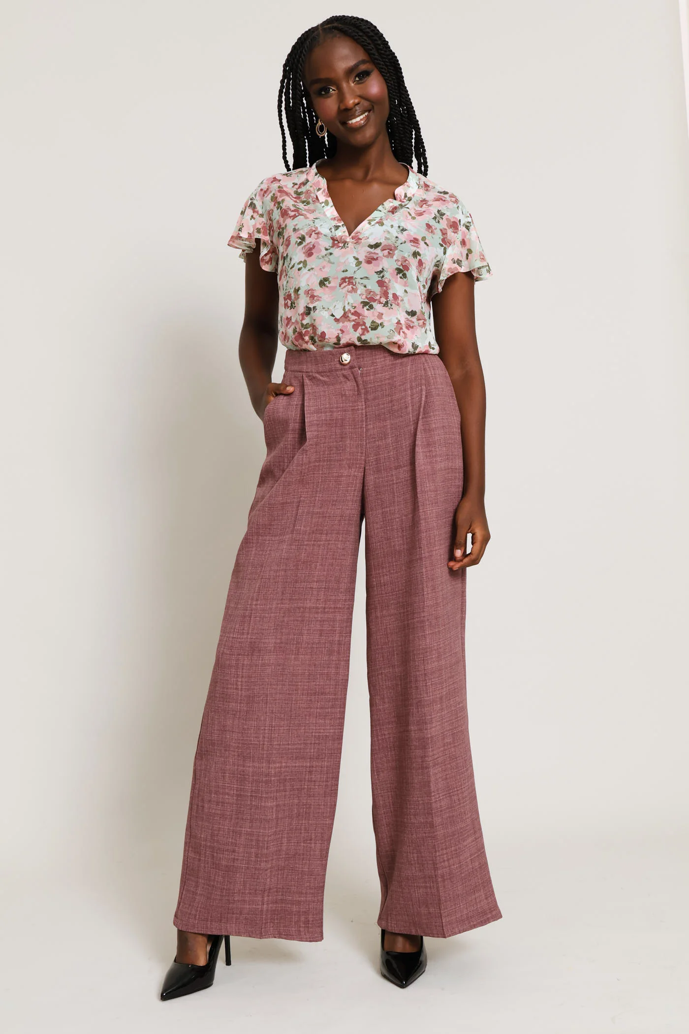V-Neck Placket Floral Blouse - Sage - Image 5