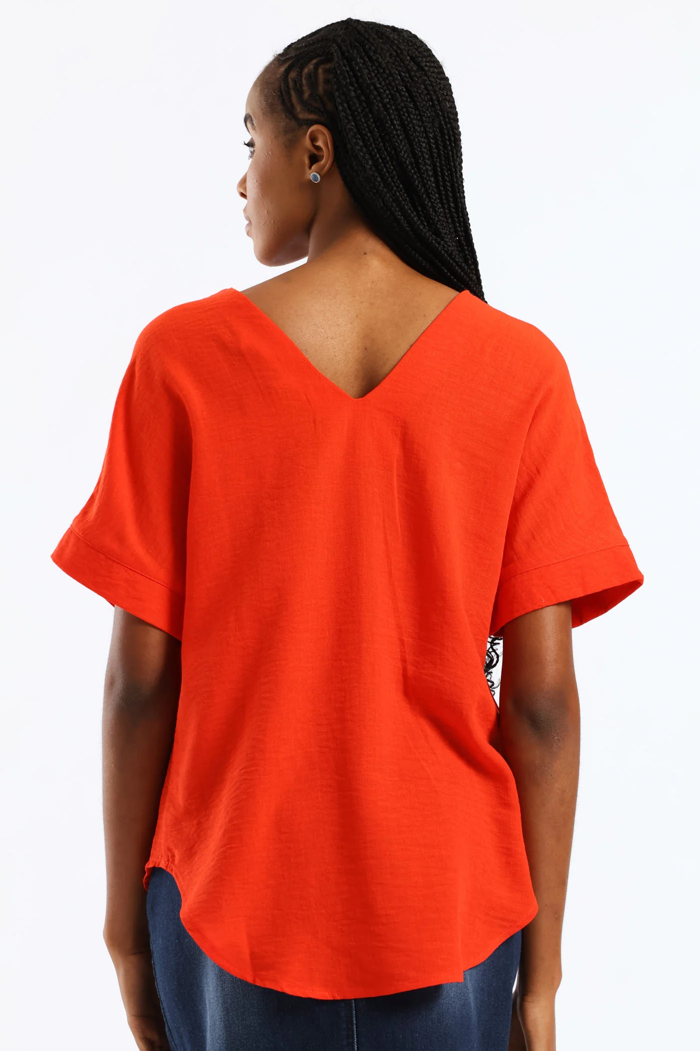 V-Neck Pleat Detail Curved Hem Linen Popover Top - Fiery Red - Image 4