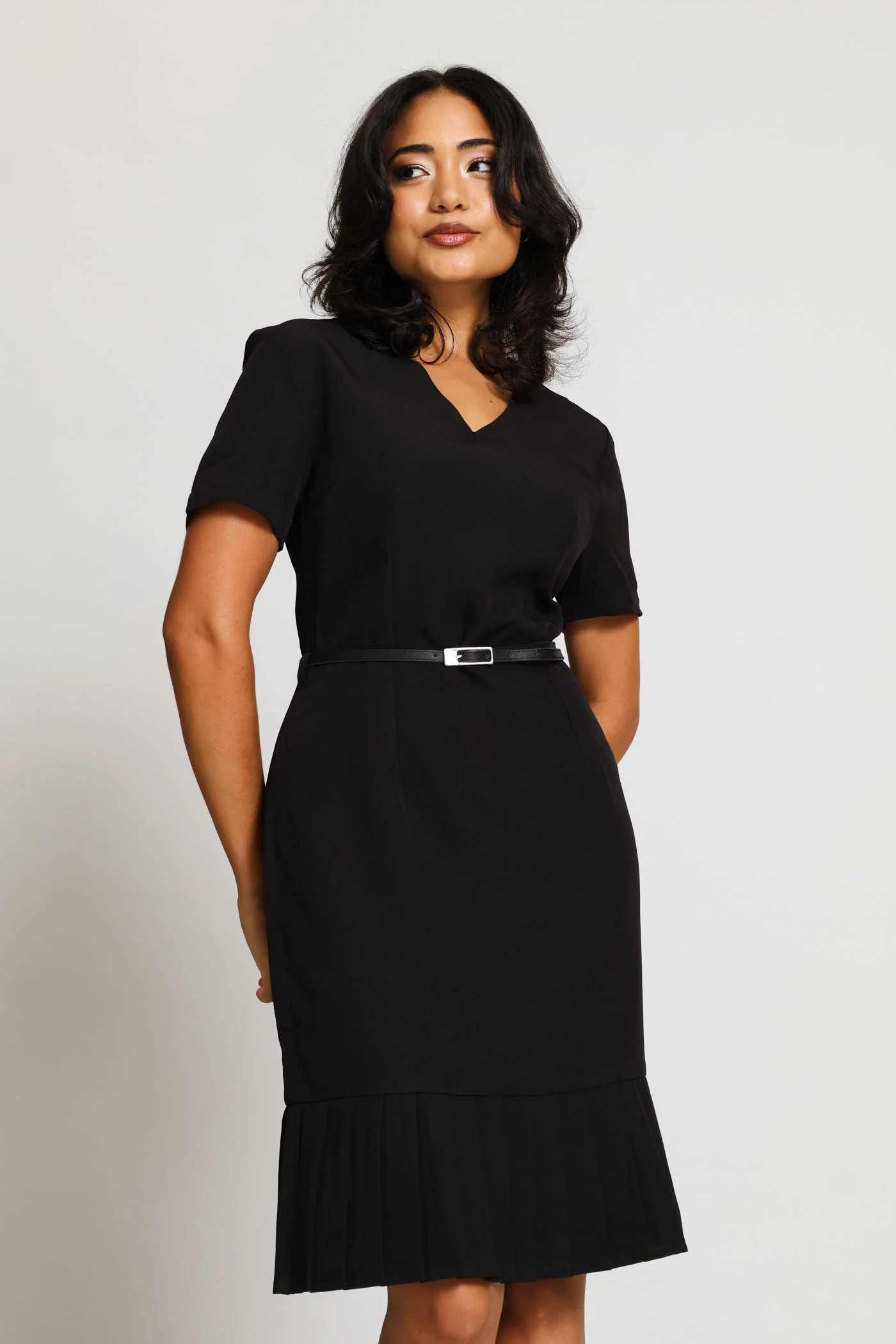 V-Neck Pleated Frill Hem Work Dress - Black - Image 3