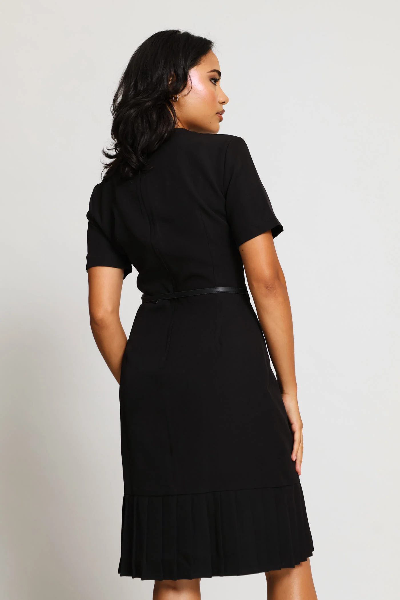 V-Neck Pleated Frill Hem Work Dress - Black - Image 5