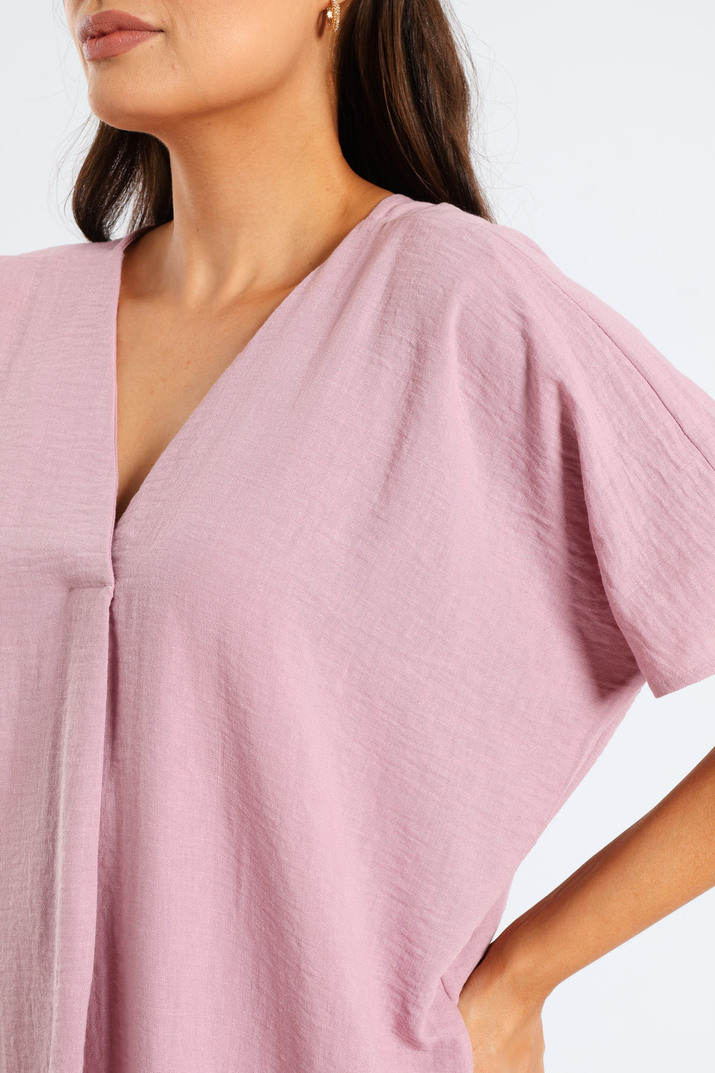 V-Neck Pleated Front Kaftan Midi Dress - Mauve - Image 2