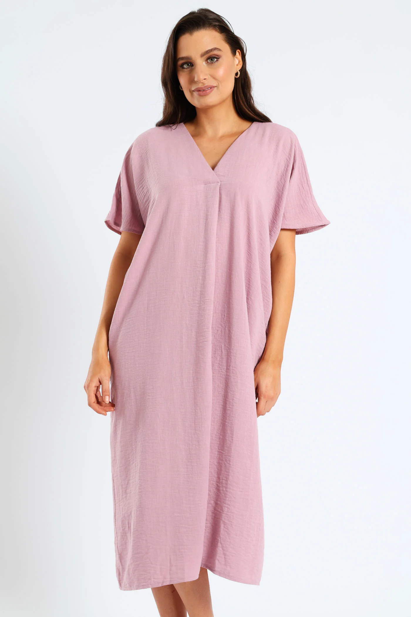 V-Neck Pleated Front Kaftan Midi Dress - Mauve - Image 3