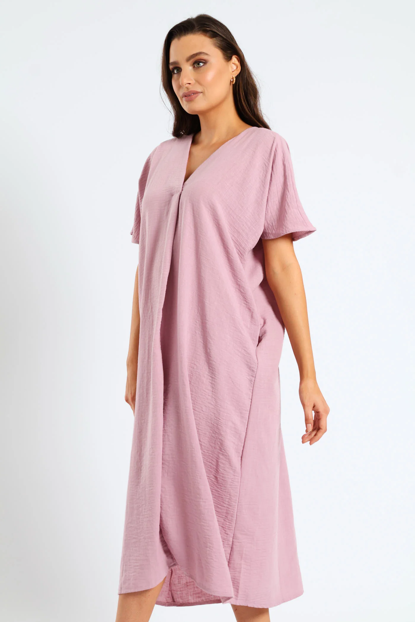 V-Neck Pleated Front Kaftan Midi Dress - Mauve - Image 4