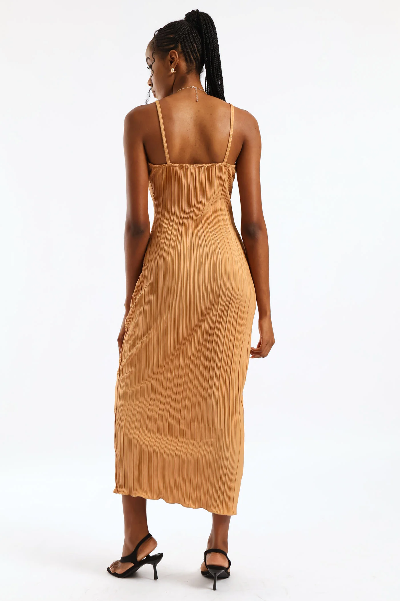 V-Neck Plisse Maxi Slip Dress - Champagne - Image 2