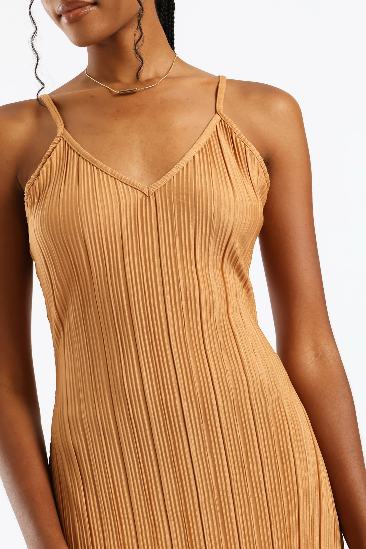 V-Neck Plisse Maxi Slip Dress - Champagne - Image 3