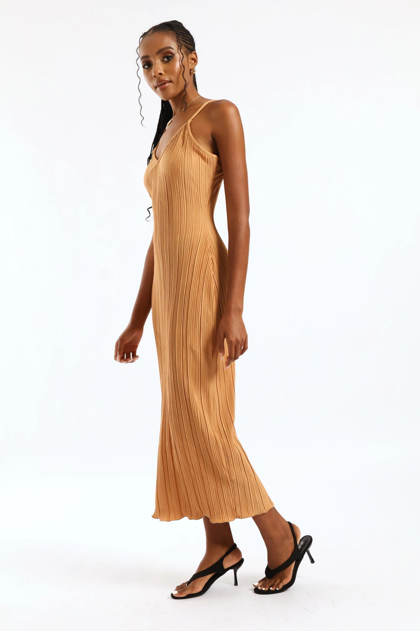V-Neck Plisse Maxi Slip Dress - Champagne - Image 4