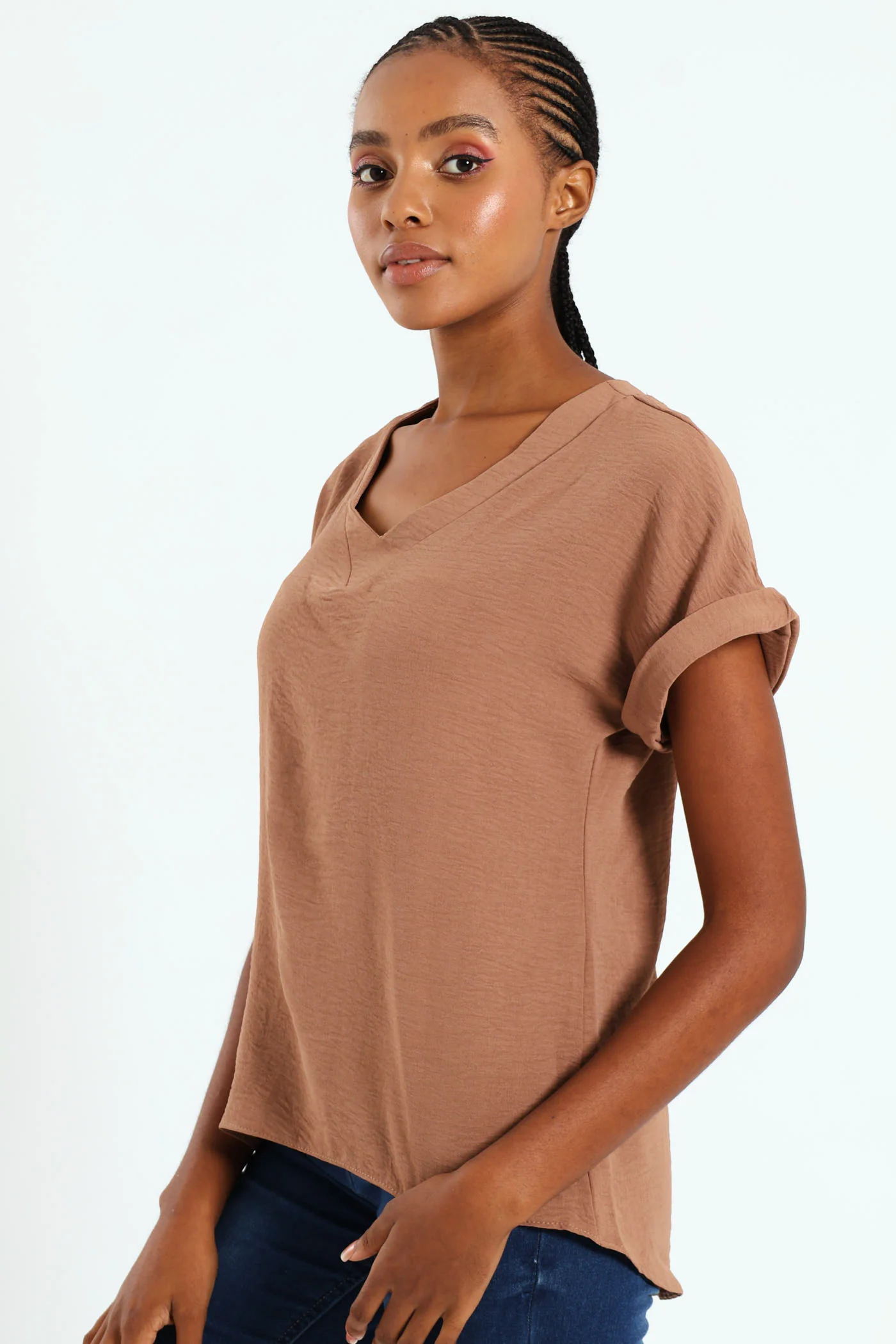V-Neck Popover Top With Back Detail - Brown - Image 2