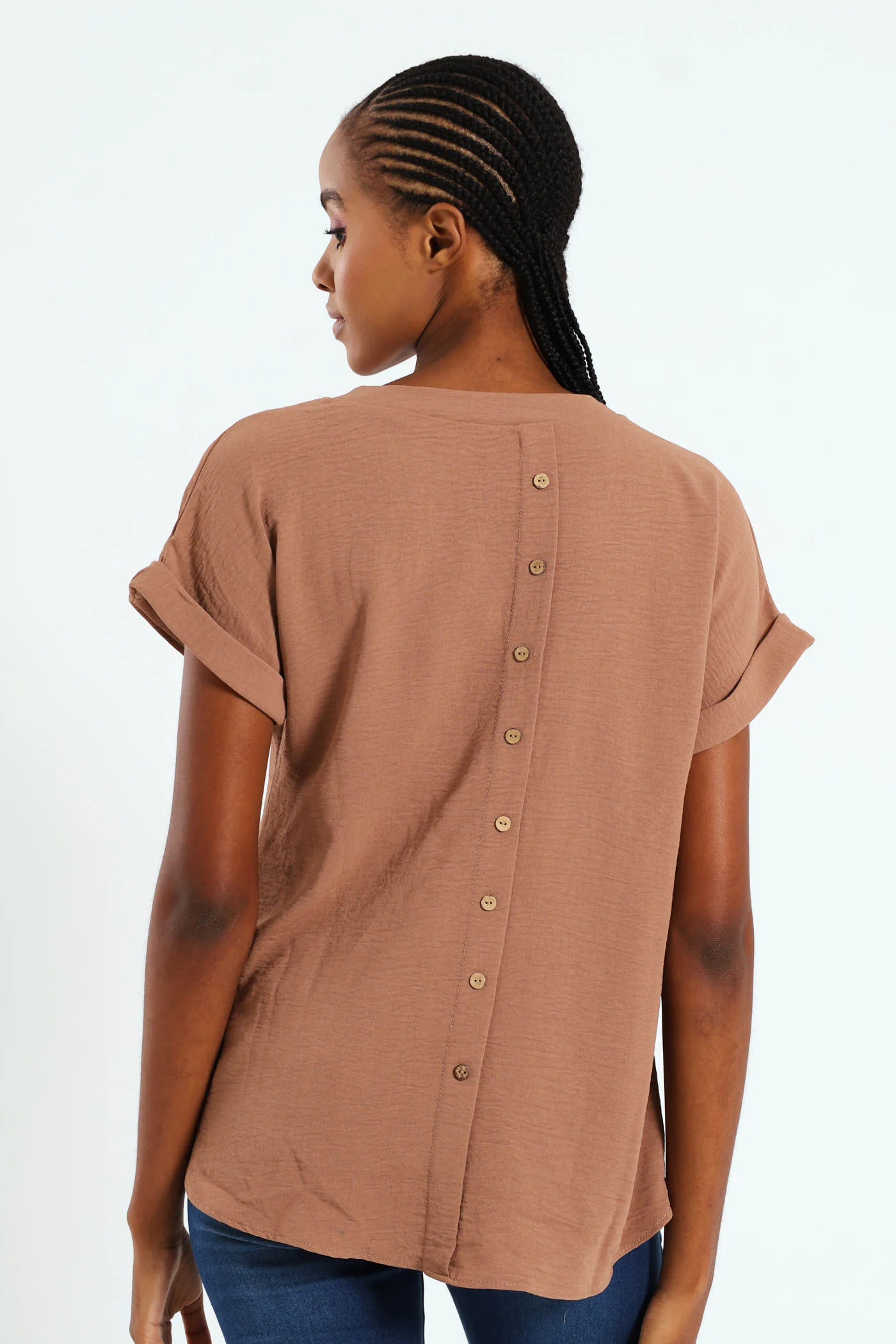 V-Neck Popover Top With Back Detail - Brown - Image 3