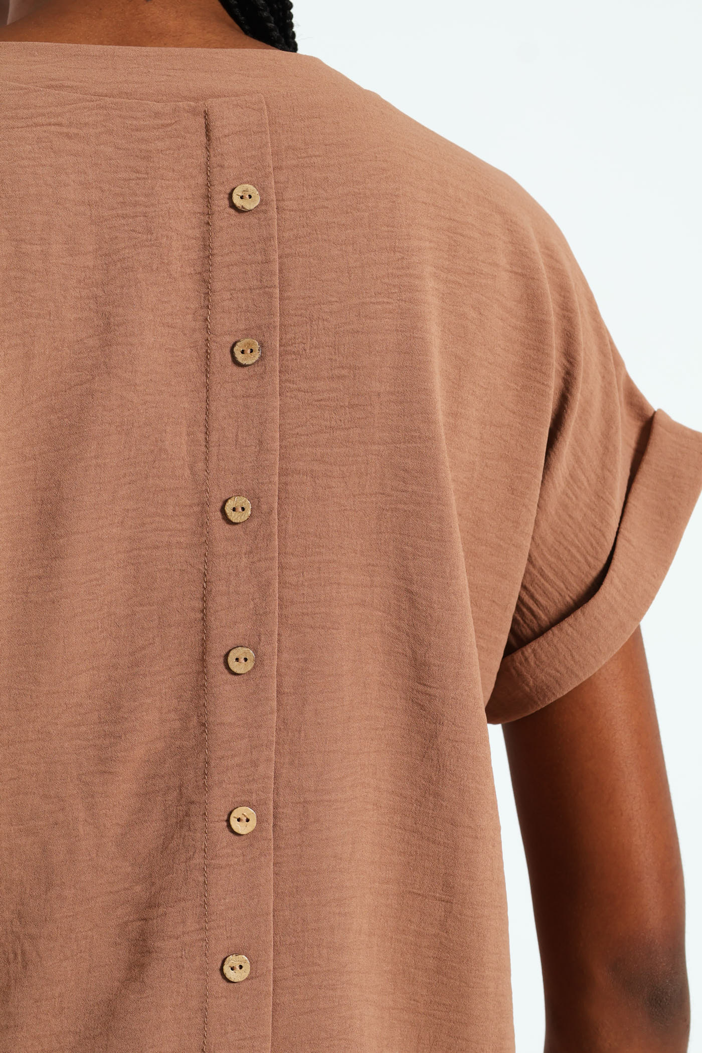 V-Neck Popover Top With Back Detail - Brown - Image 4
