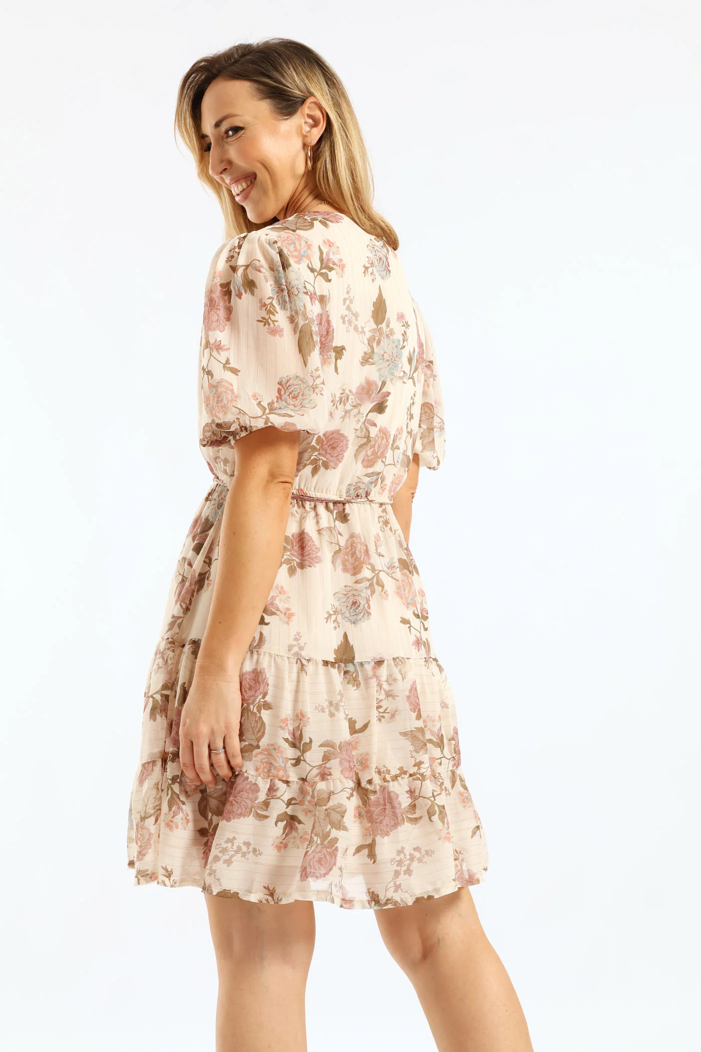 V-Neck Puff Sleeve Belted Tea Dress - Cream/Black - Image 3
