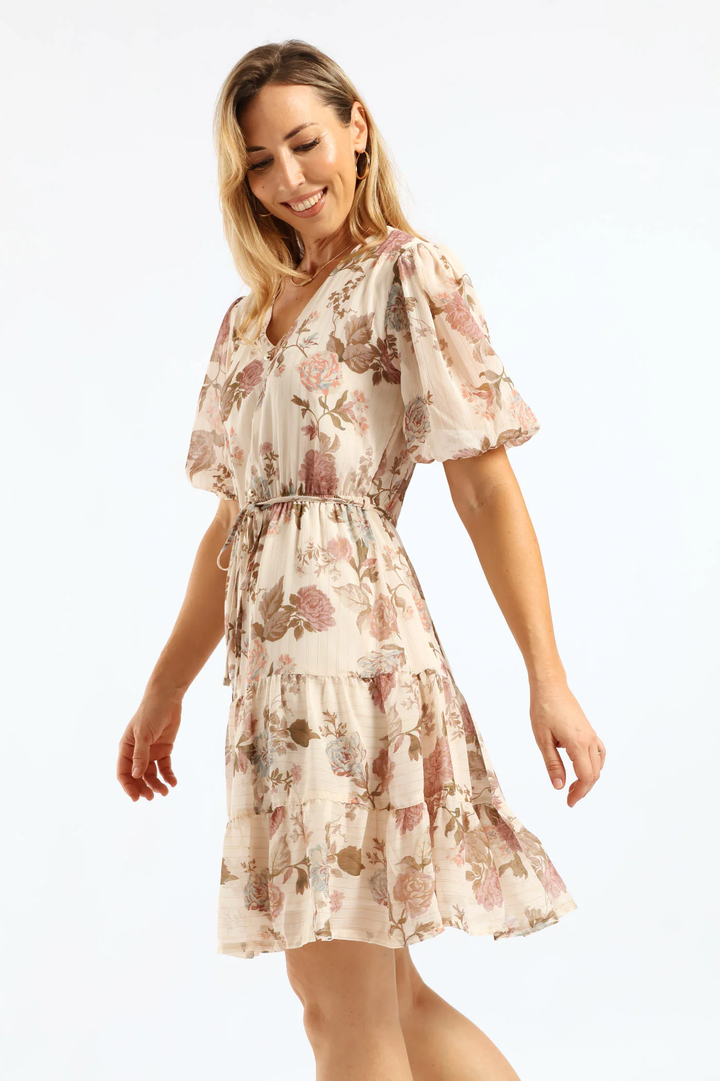 V-Neck Puff Sleeve Belted Tea Dress - Cream/Black - Image 4