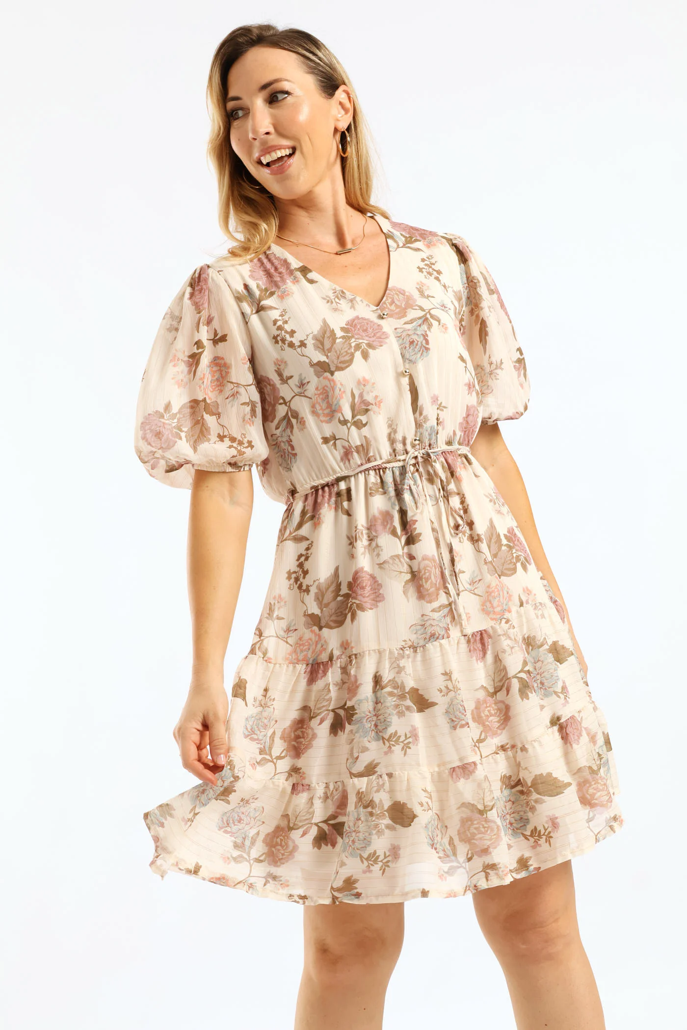 V-Neck Puff Sleeve Belted Tea Dress - Cream/Black - Image 5