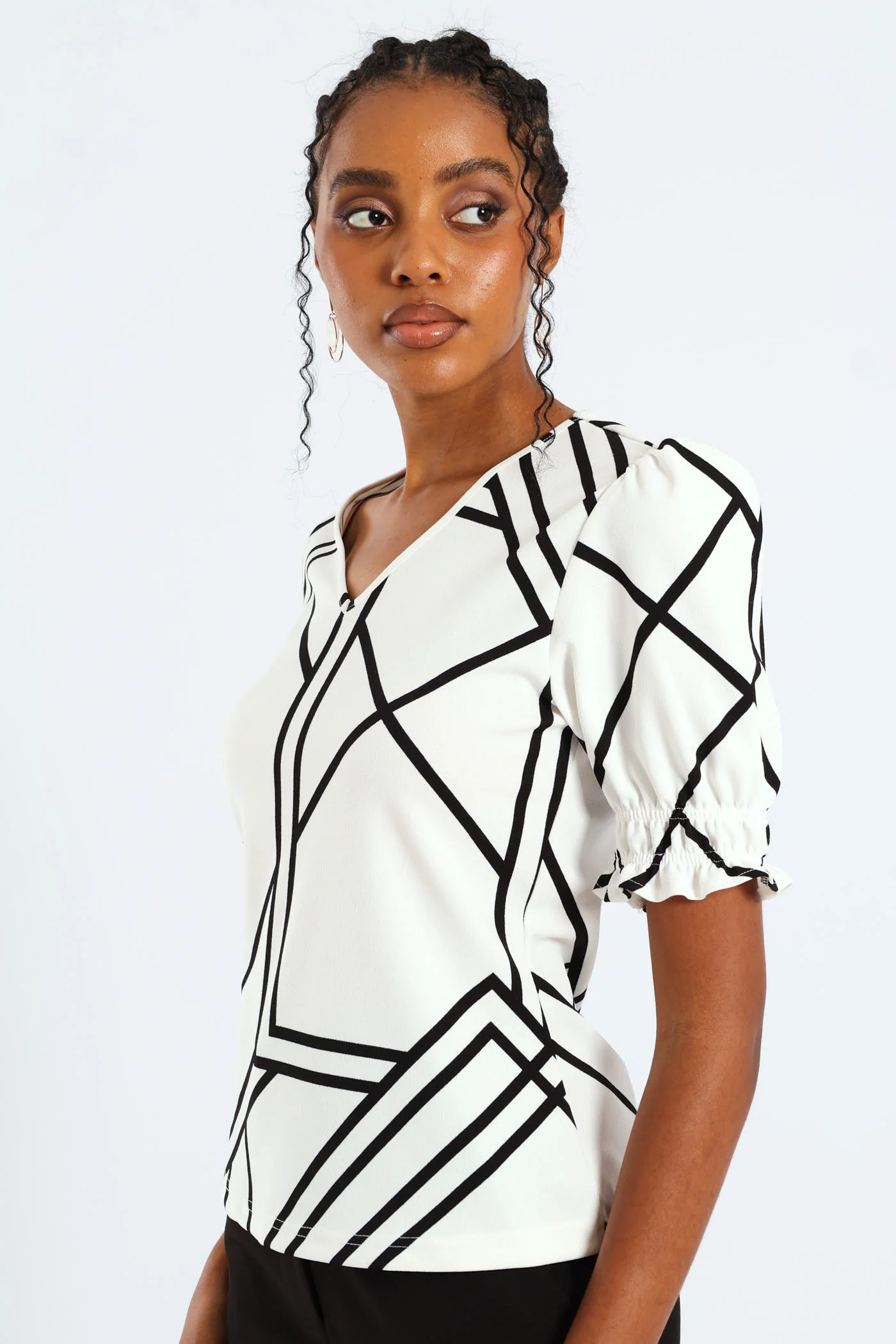 V-Neck Puff Sleeve Blouse - Black/White - Image 3