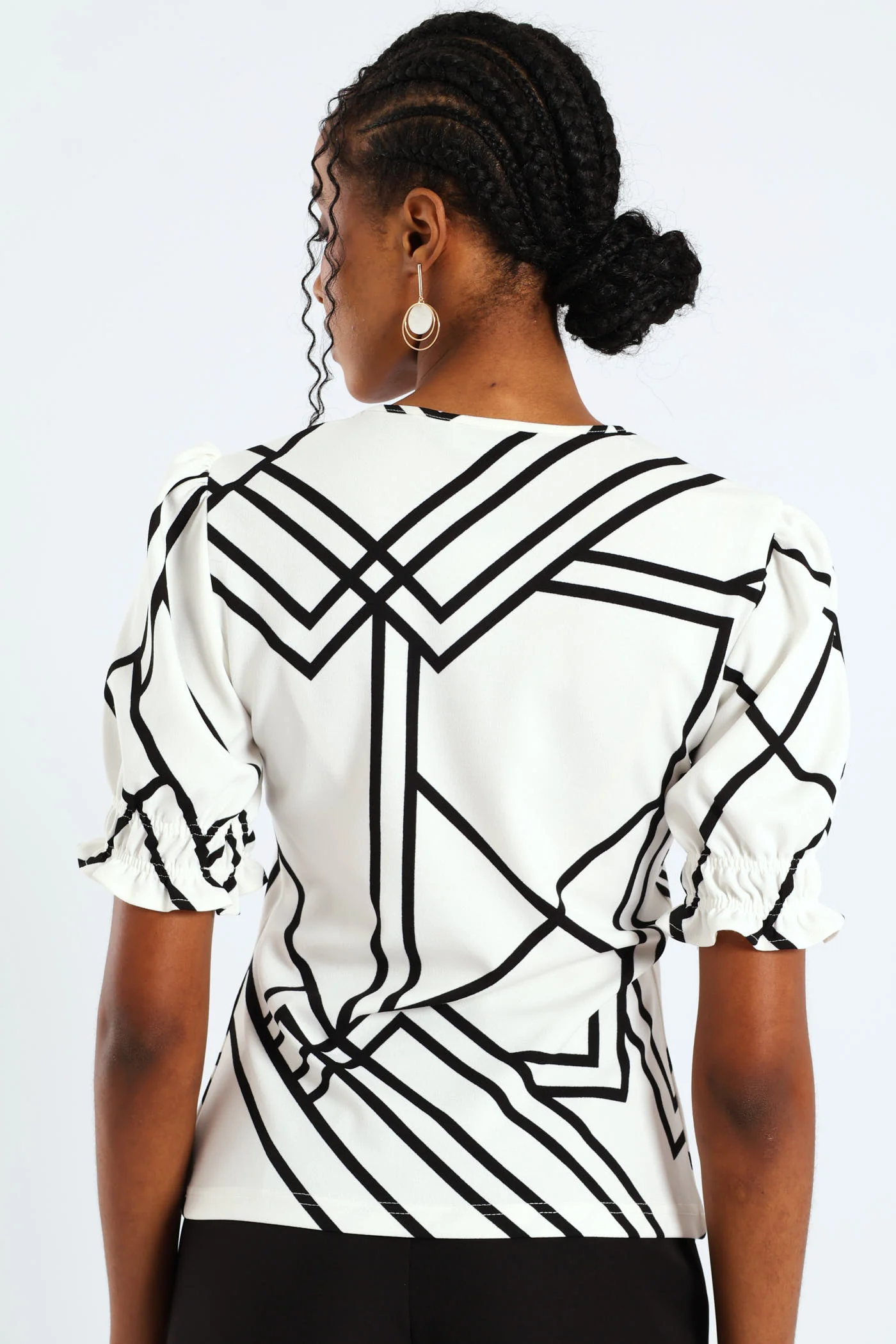 V-Neck Puff Sleeve Blouse - Black/White - Image 4