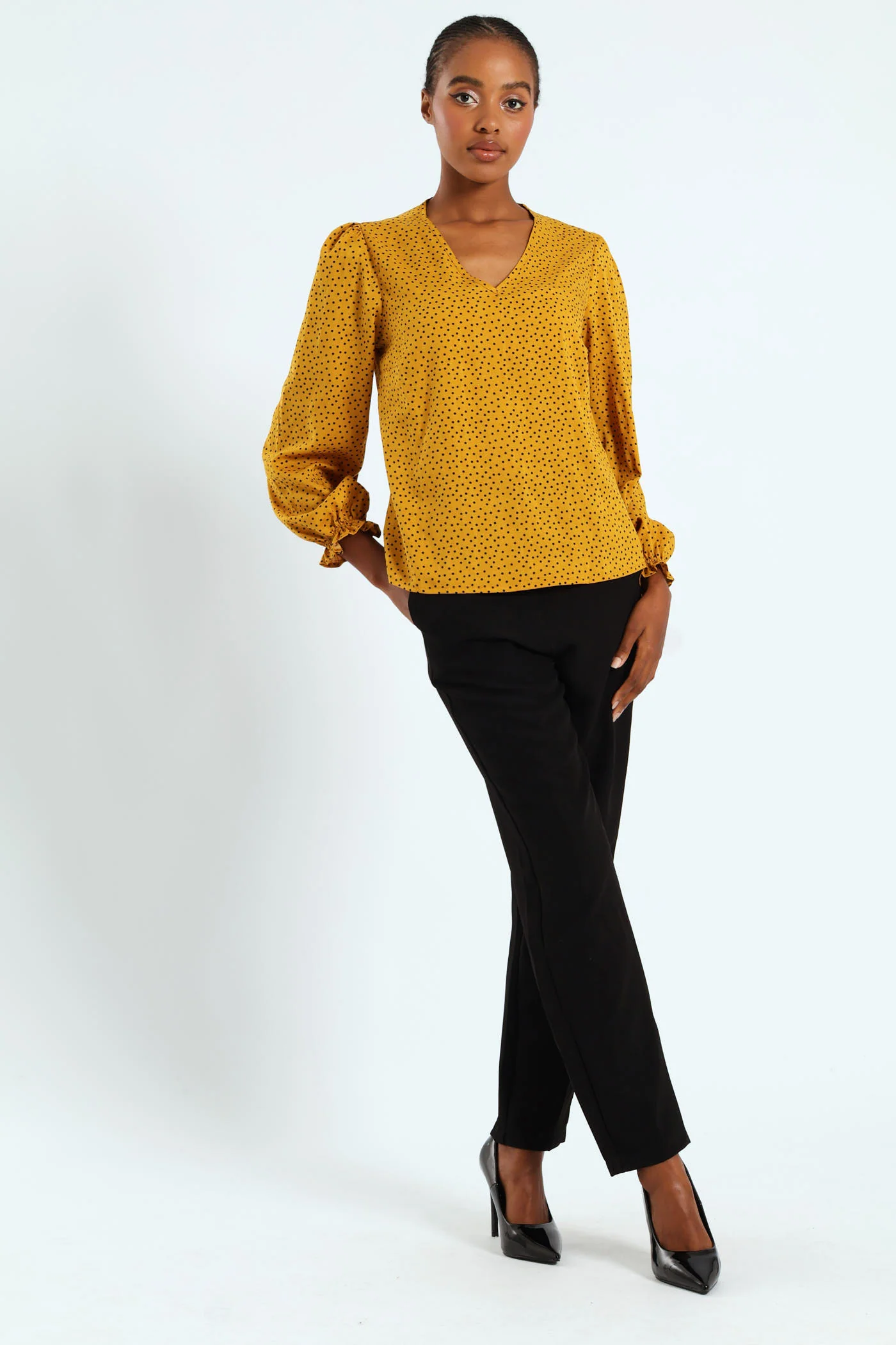 V-Neck Puff Sleeve Blouse - Mustard - Image 2