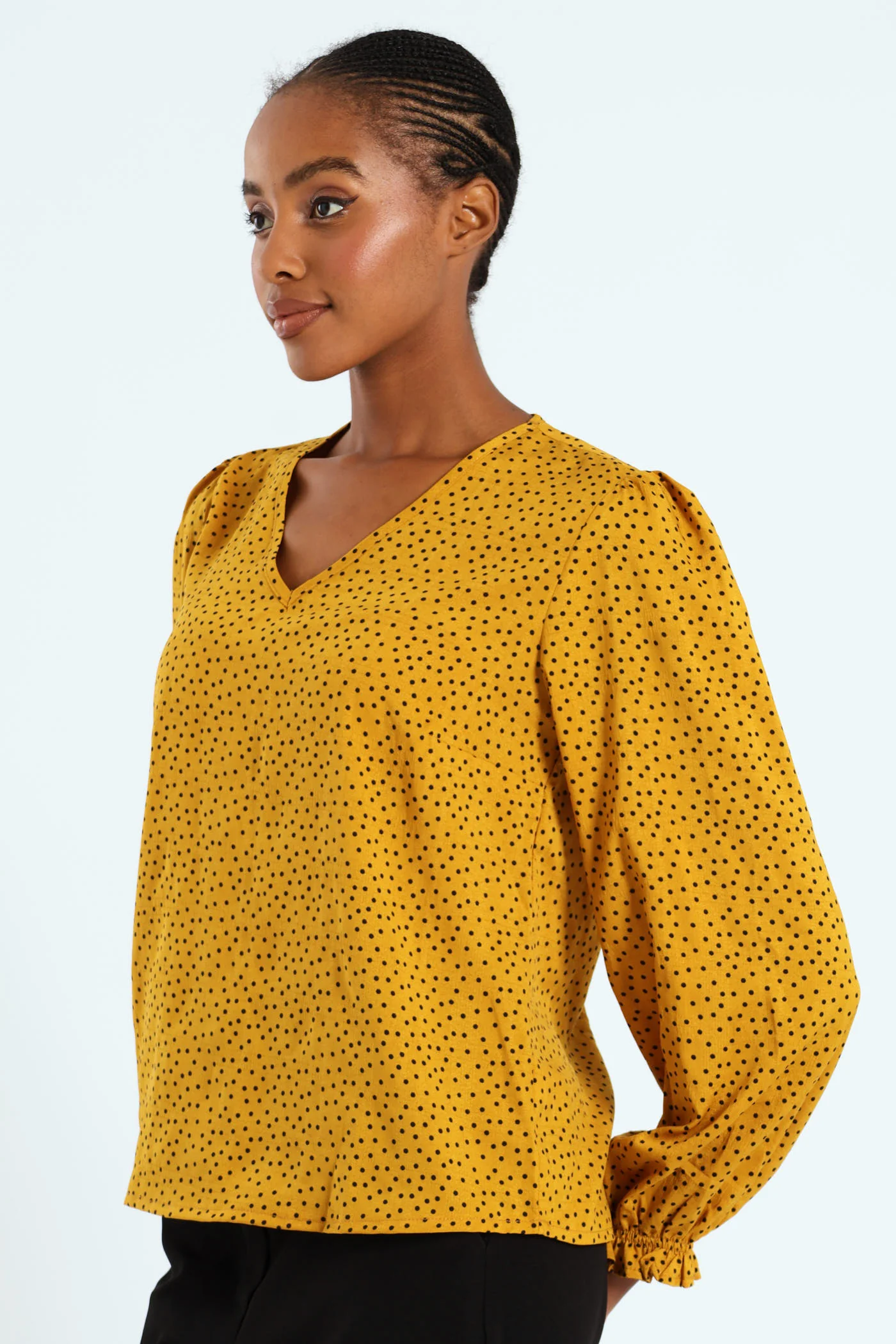 V-Neck Puff Sleeve Blouse - Mustard - Image 3