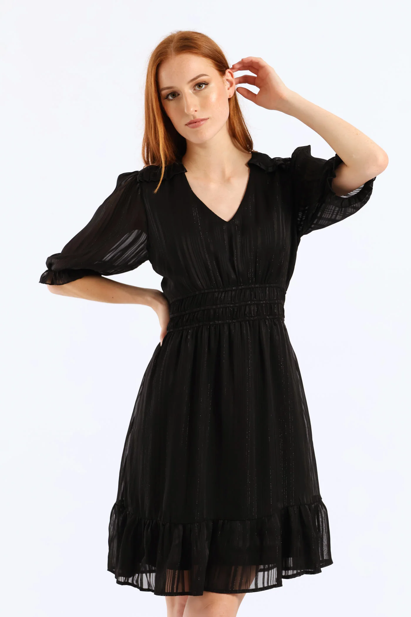V-Neck Puff Sleeve Waist Tea Dress - Black - Image 3