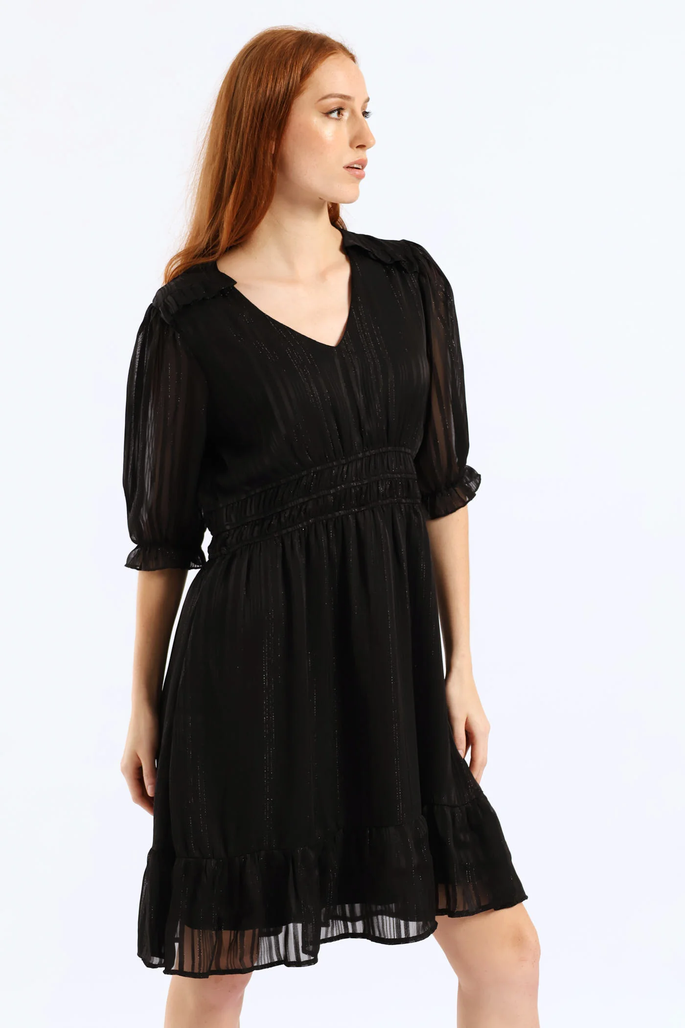 V-Neck Puff Sleeve Waist Tea Dress - Black - Image 4