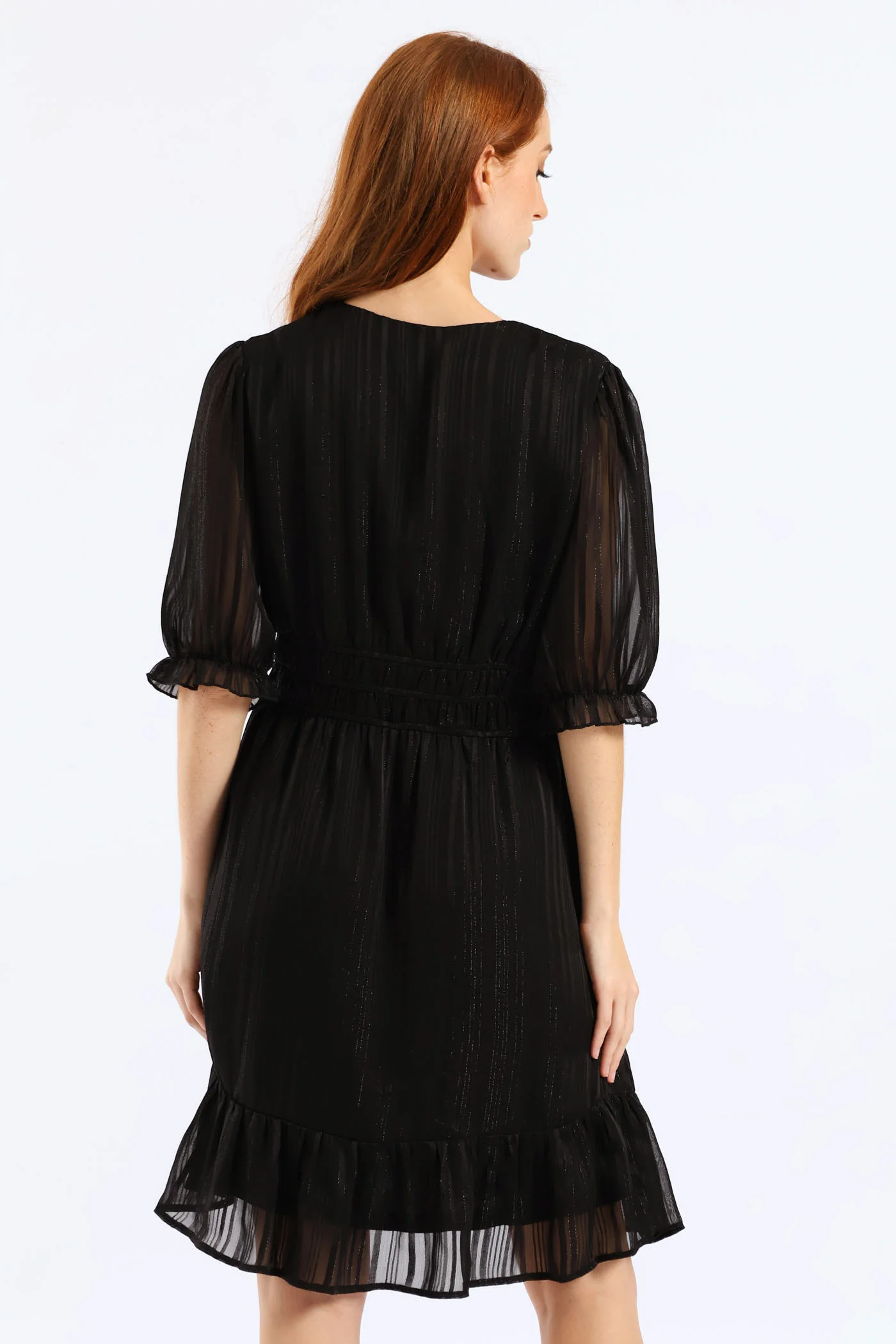 V-Neck Puff Sleeve Waist Tea Dress - Black - Image 5