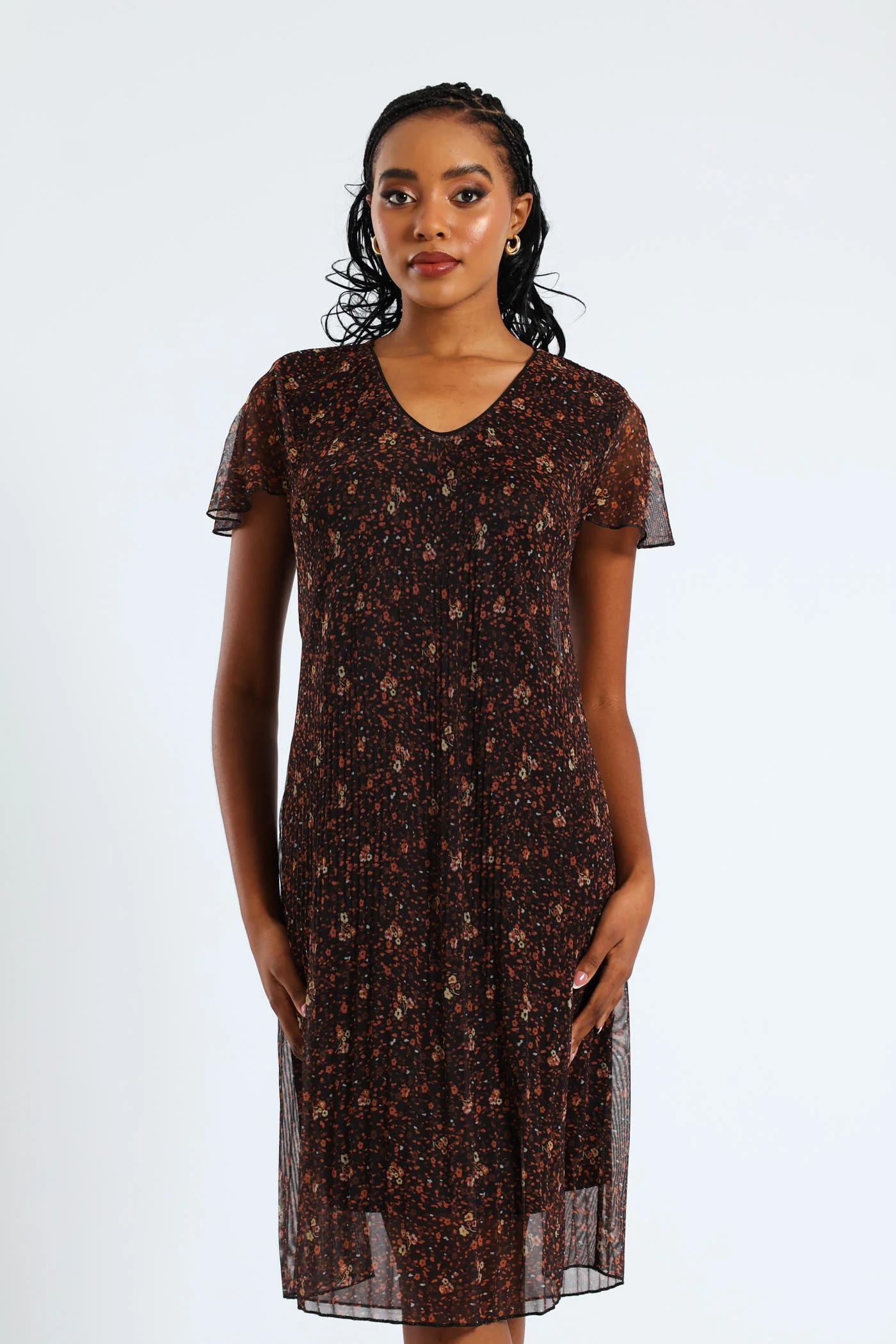 V-Neck Release Pleat Mesh Midi Dress - Black/Orange - Image 3