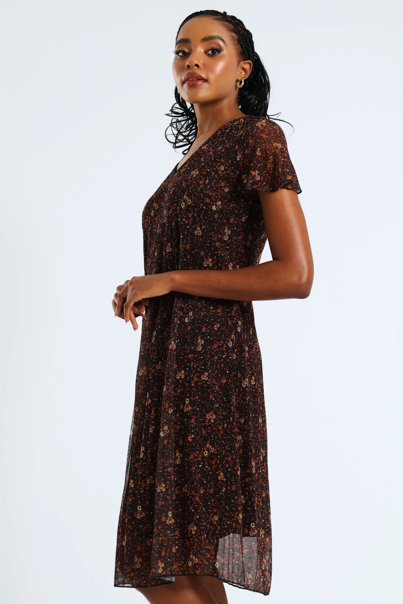 V-Neck Release Pleat Mesh Midi Dress - Black/Orange - Image 4