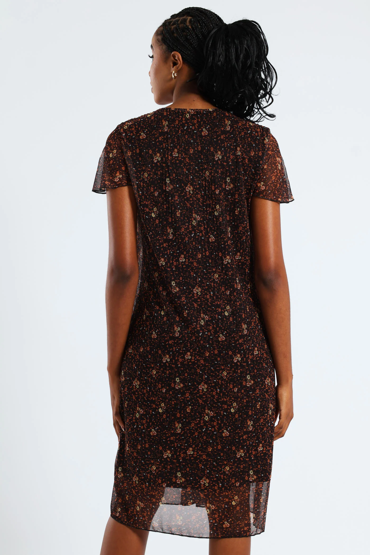 V-Neck Release Pleat Mesh Midi Dress - Black/Orange - Image 5