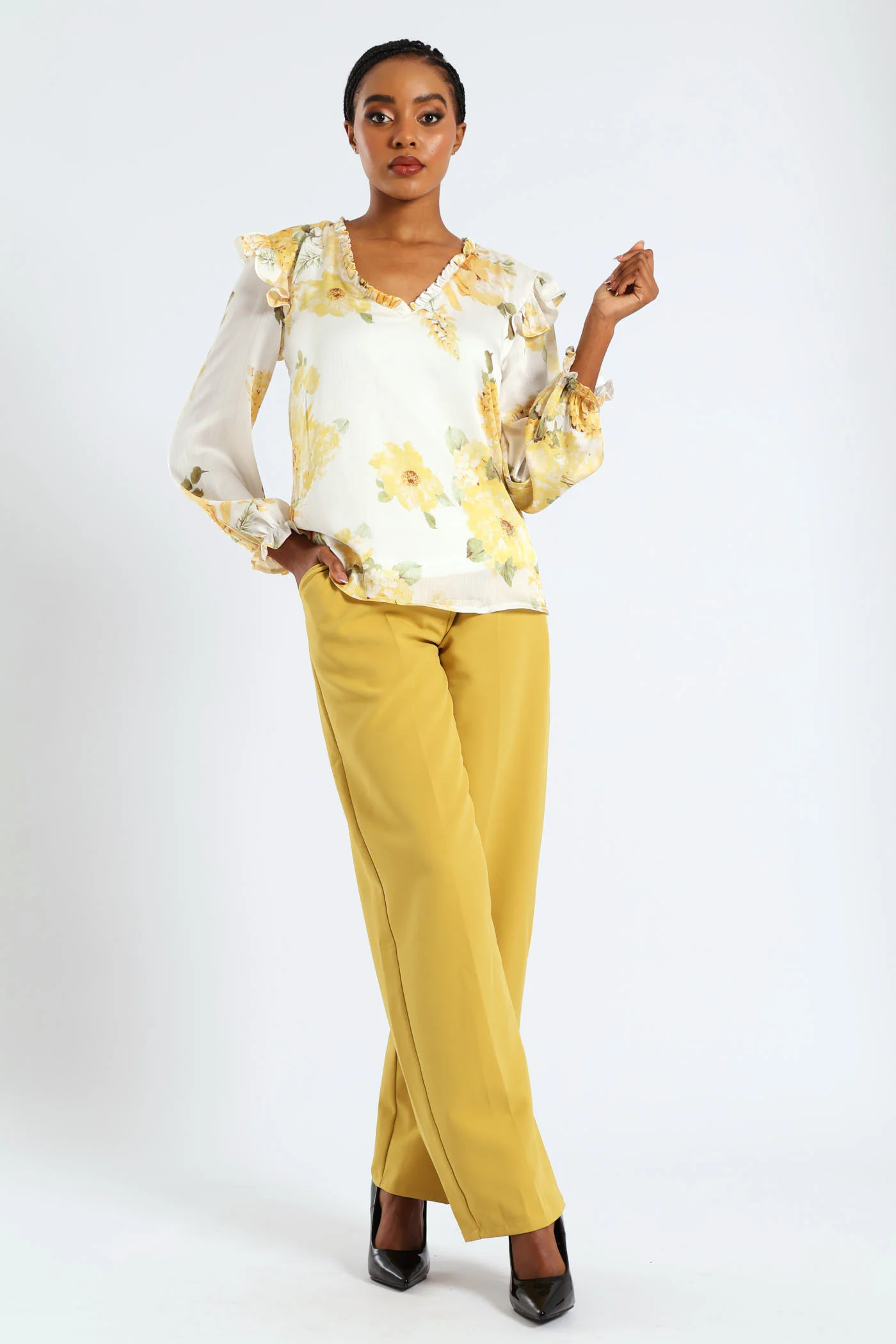 V-Neck Ruffle Blouse - Cream - Image 2