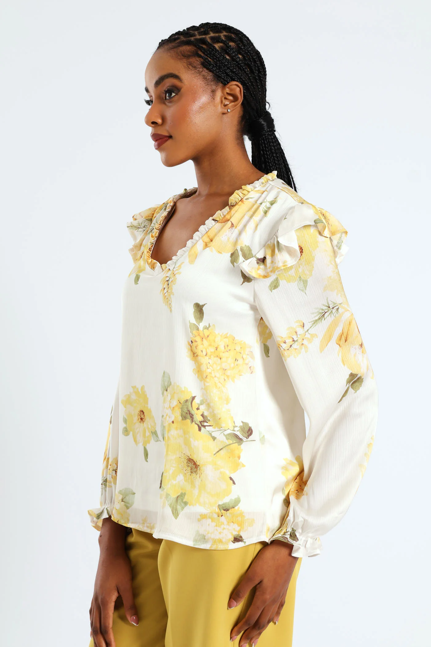 V-Neck Ruffle Blouse - Cream - Image 3