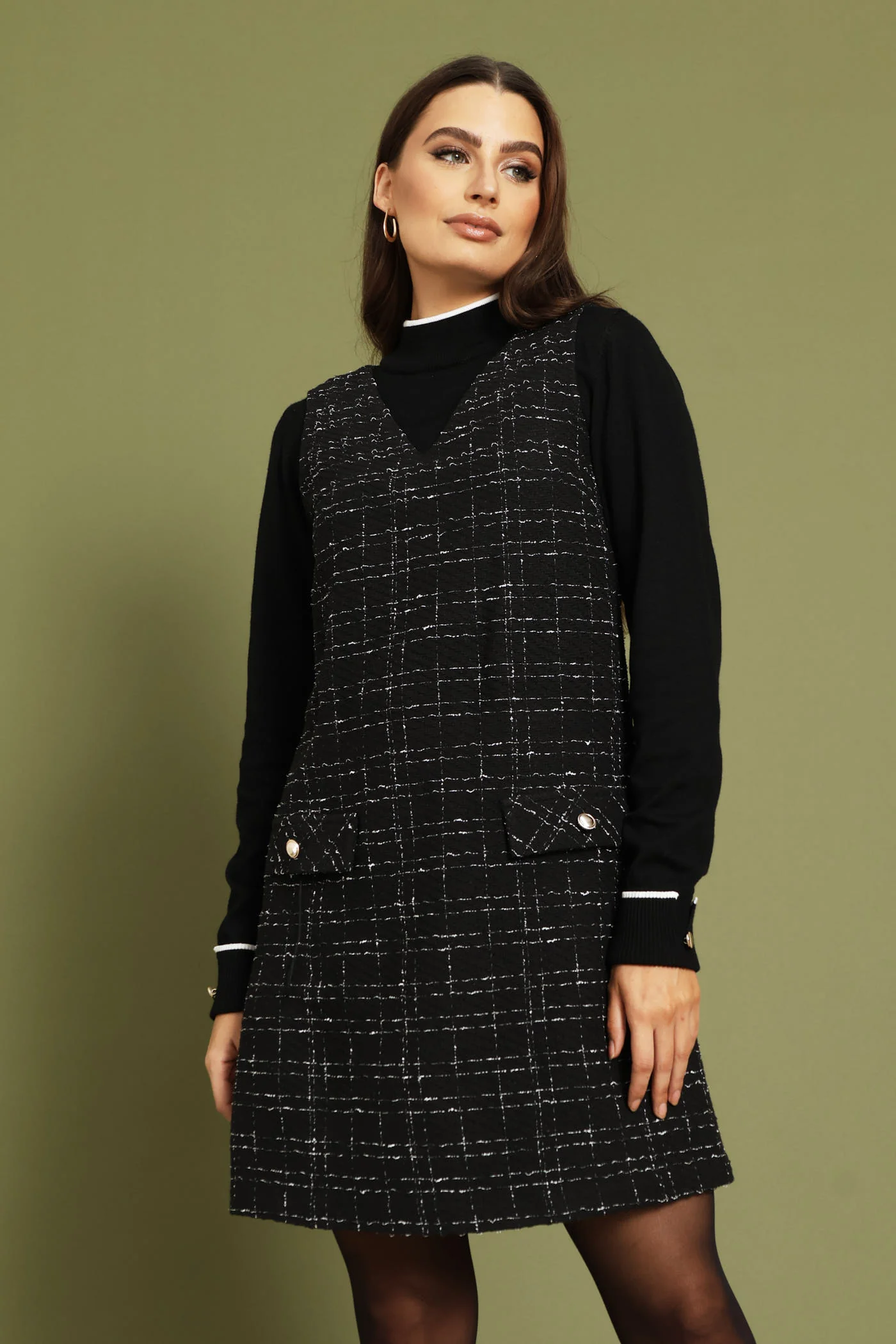 V-Neck Shift Tweed Dress - Black - Image 2