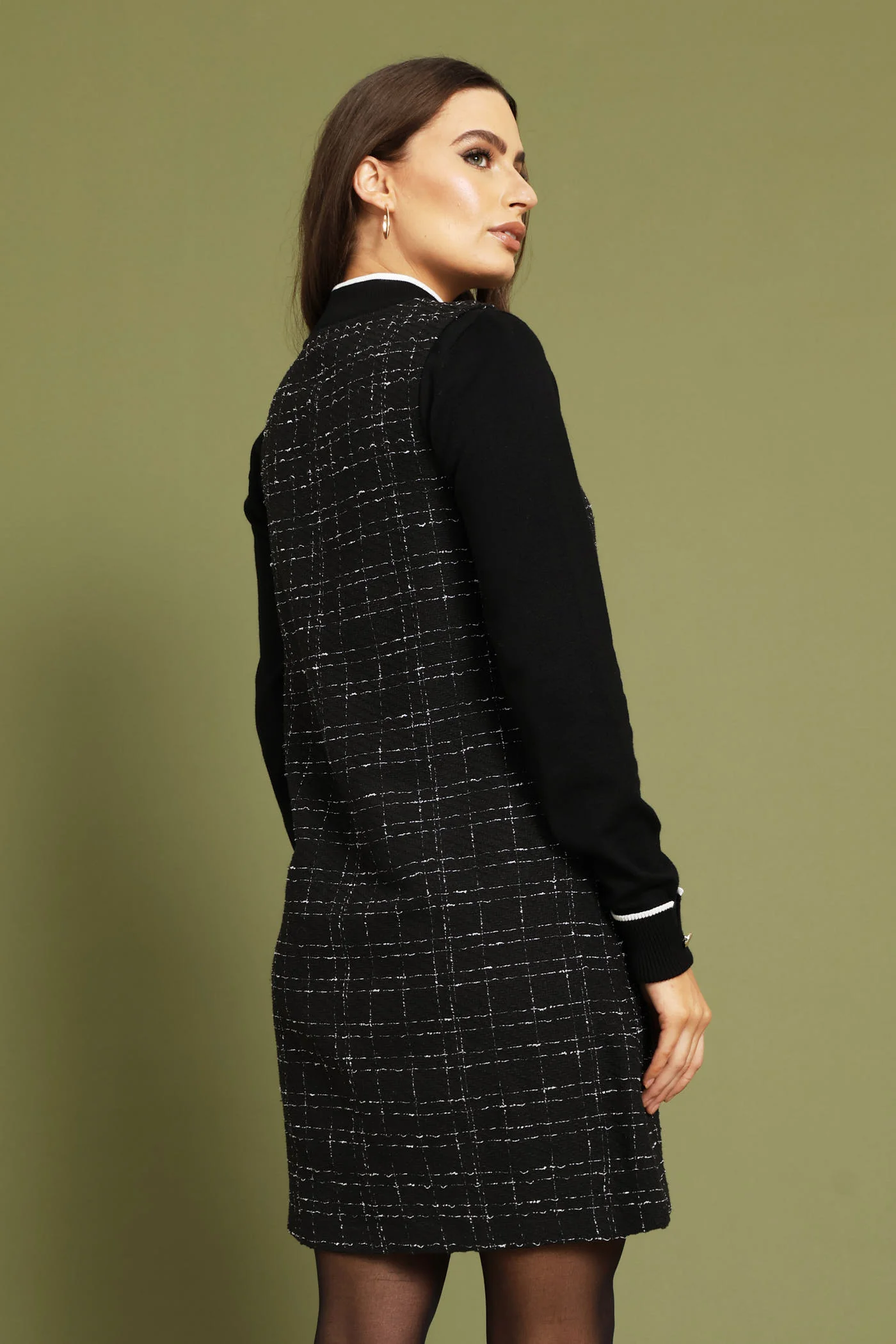 V-Neck Shift Tweed Dress - Black - Image 6