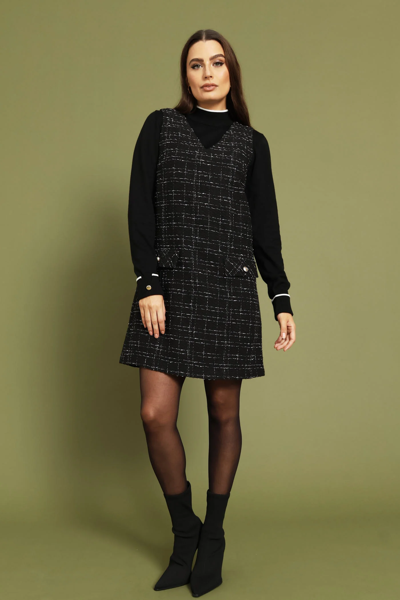 V-Neck Shift Tweed Dress - Black - Image 7