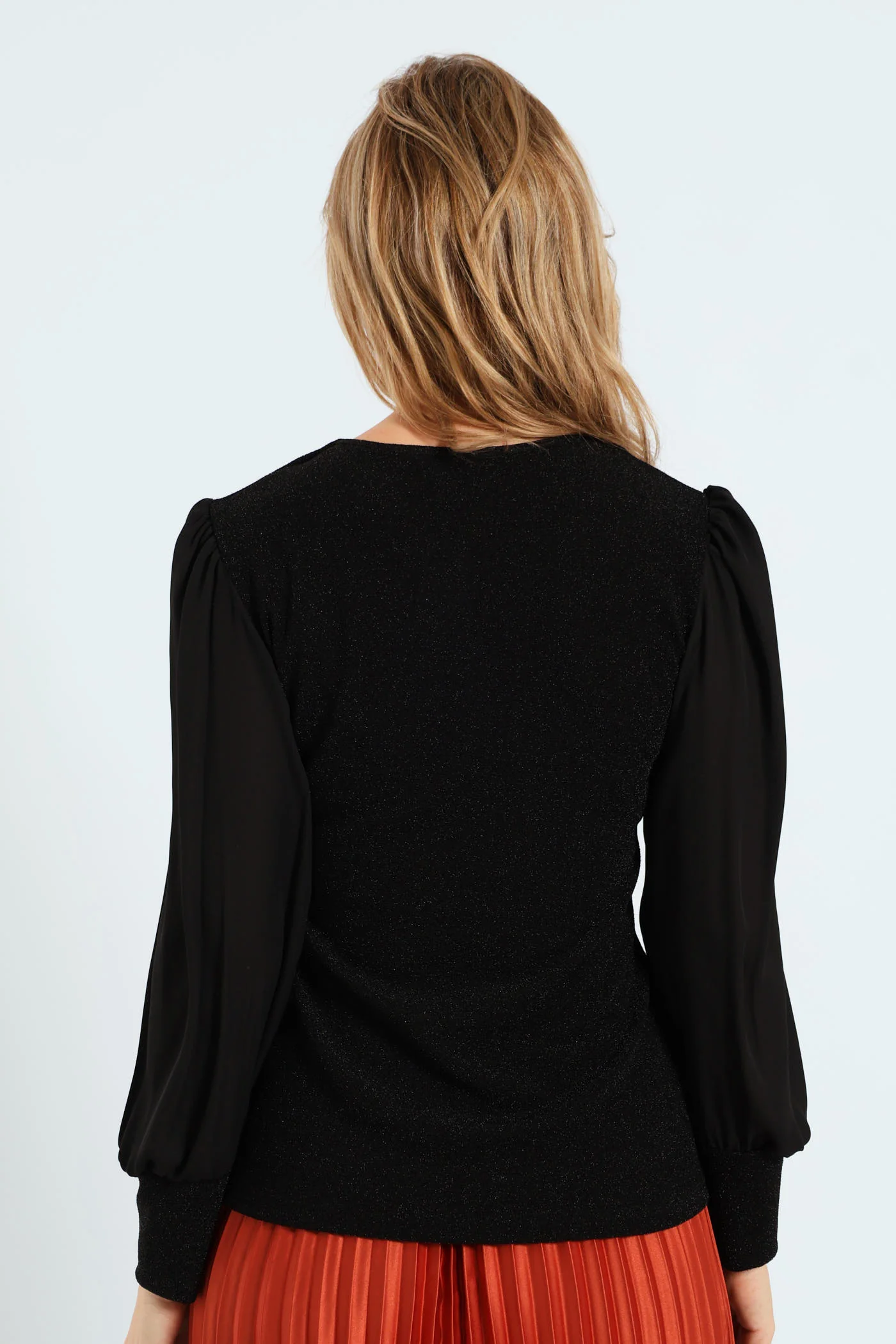V-Neck Shimmer Combo Blouse - Black - Image 4