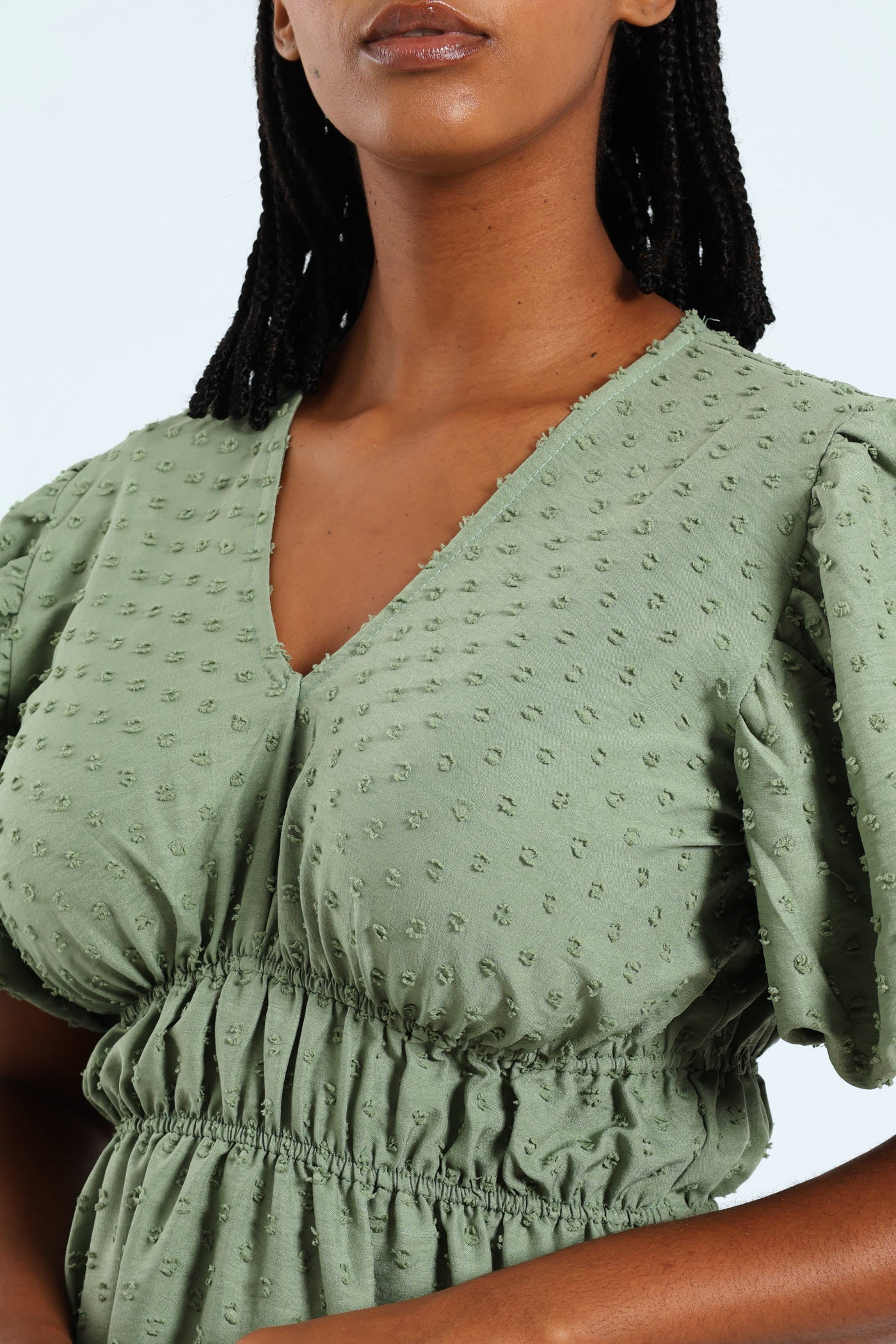 V-Neck Shirred Bodice Dobby Midaxi Dress - Sage - Image 2