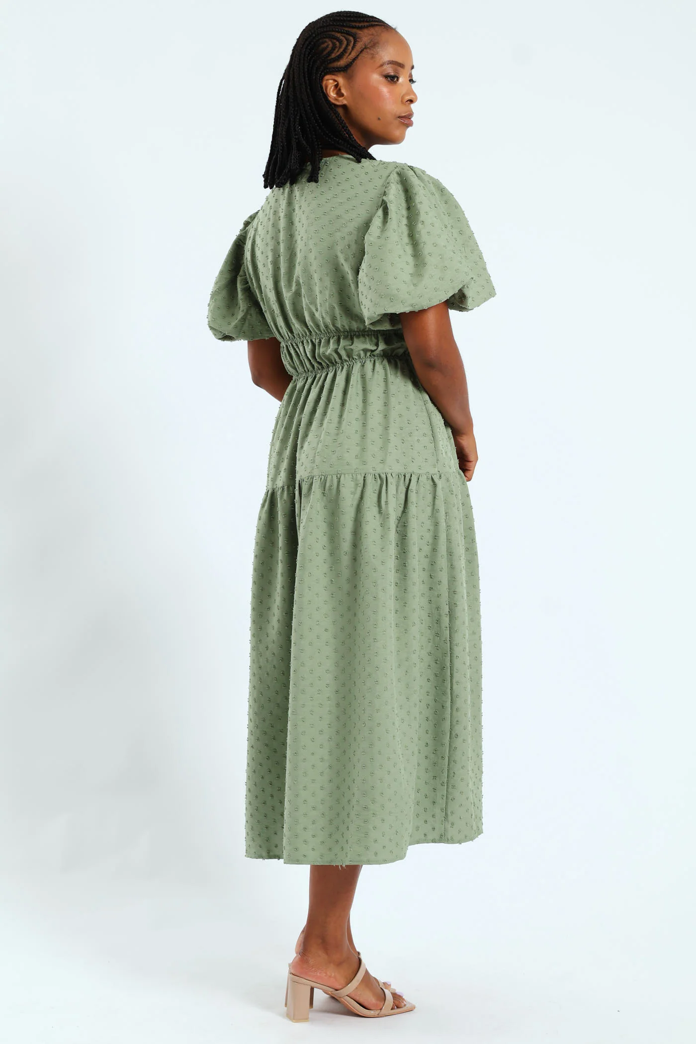 V-Neck Shirred Bodice Dobby Midaxi Dress - Sage - Image 3