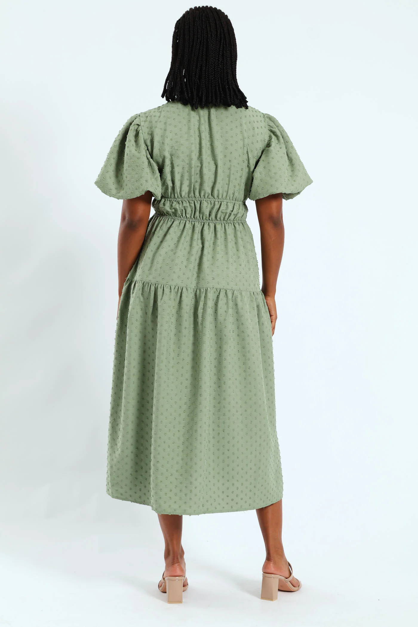 V-Neck Shirred Bodice Dobby Midaxi Dress - Sage - Image 4