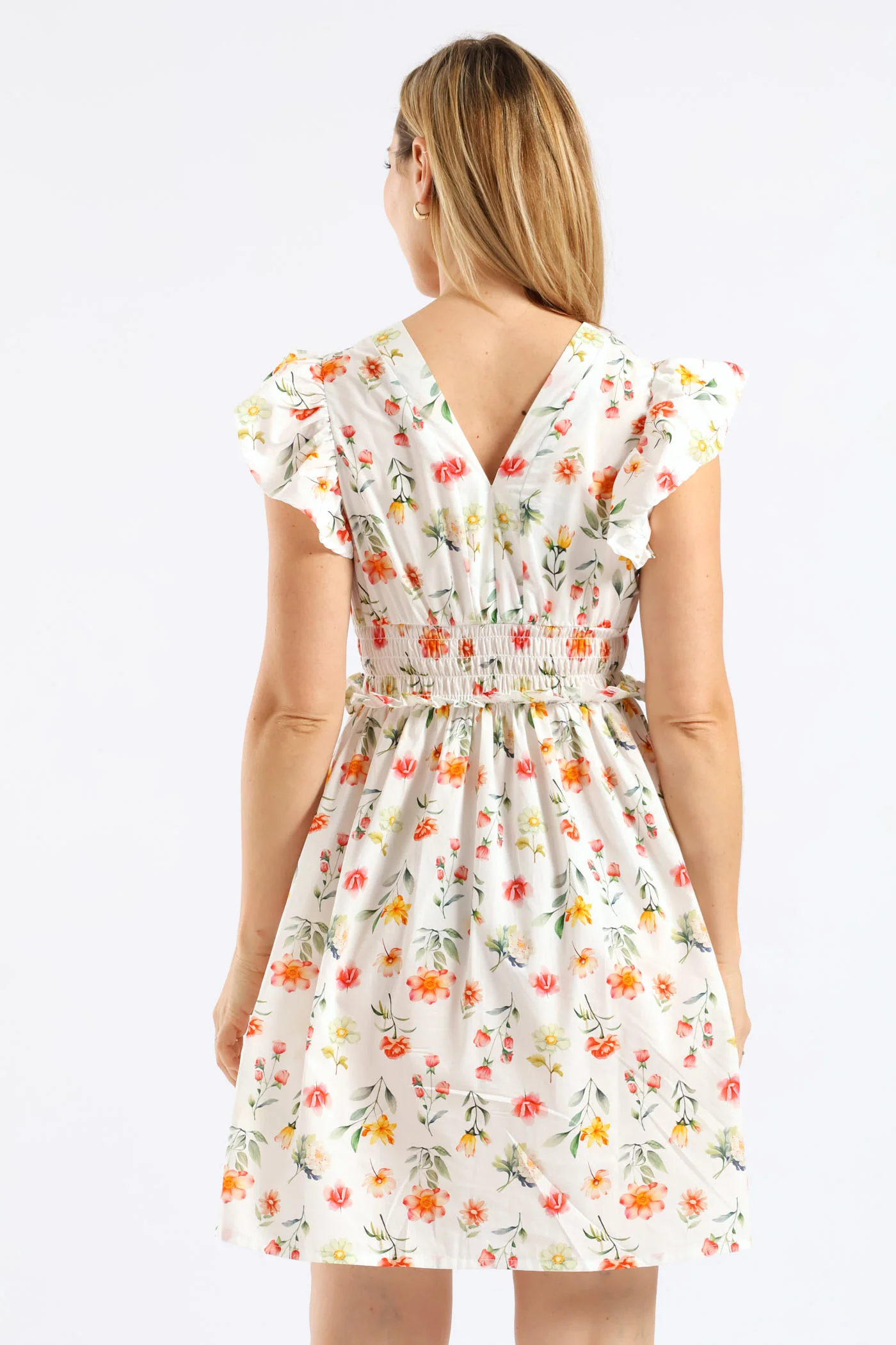 V-Neck Shirred Bodice Frilly Fit & Flare Mini Dress - White/Blush - Image 2