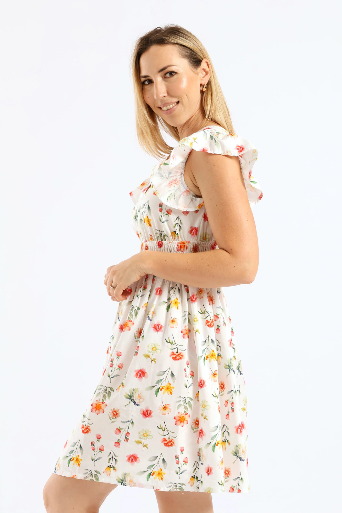 V-Neck Shirred Bodice Frilly Fit & Flare Mini Dress - White/Blush - Image 5