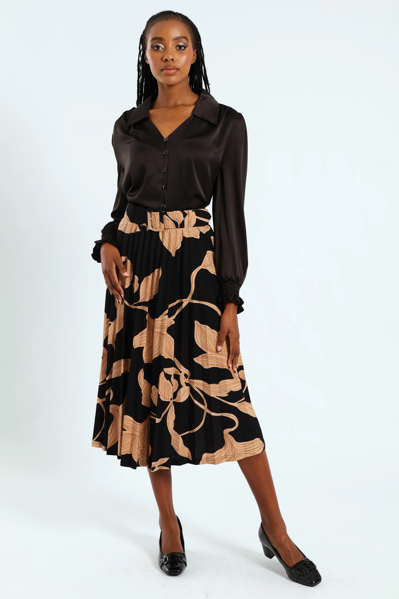 V - Neck Shirred Cuff Satin Shirt - Black - Image 2