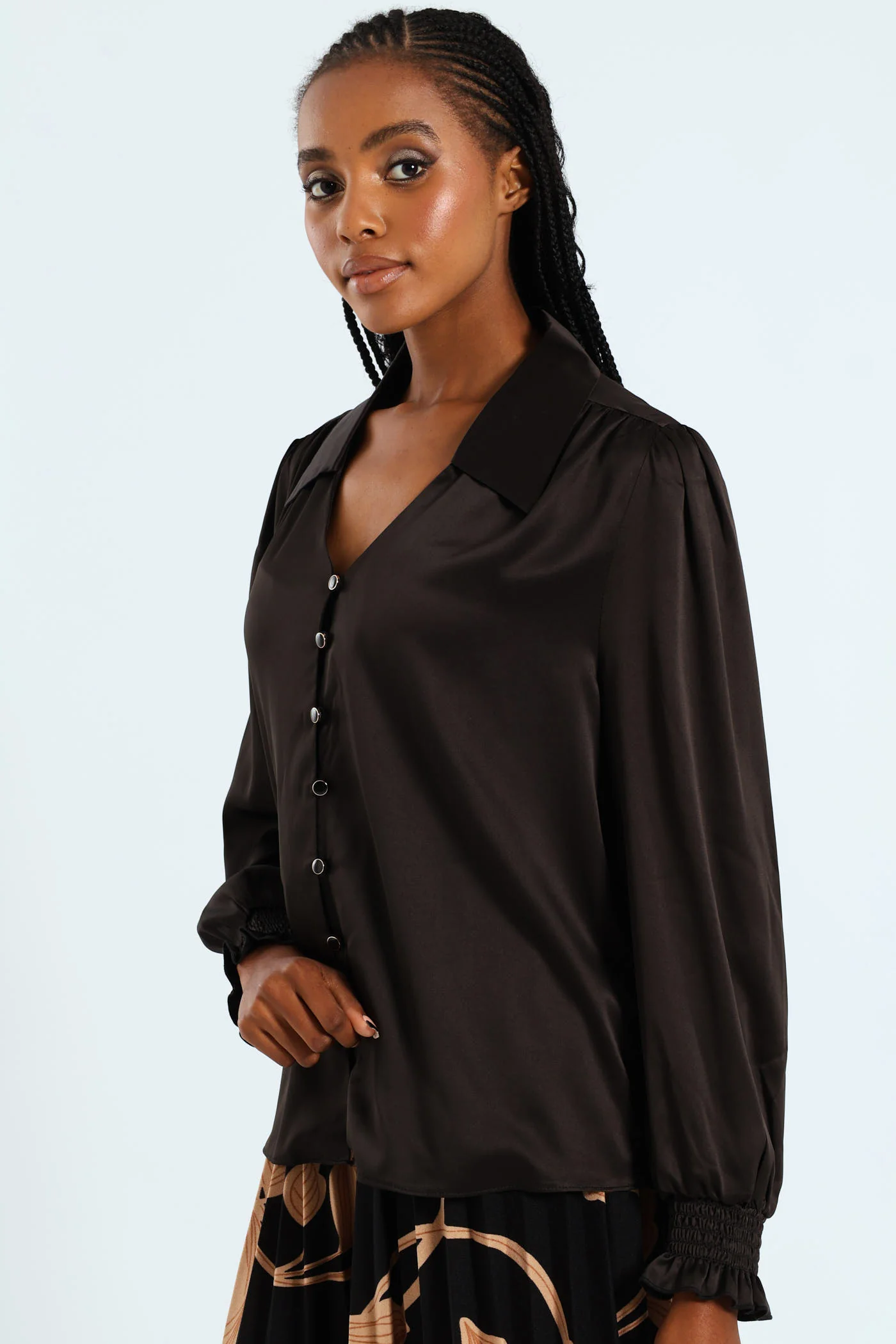 V - Neck Shirred Cuff Satin Shirt - Black - Image 3