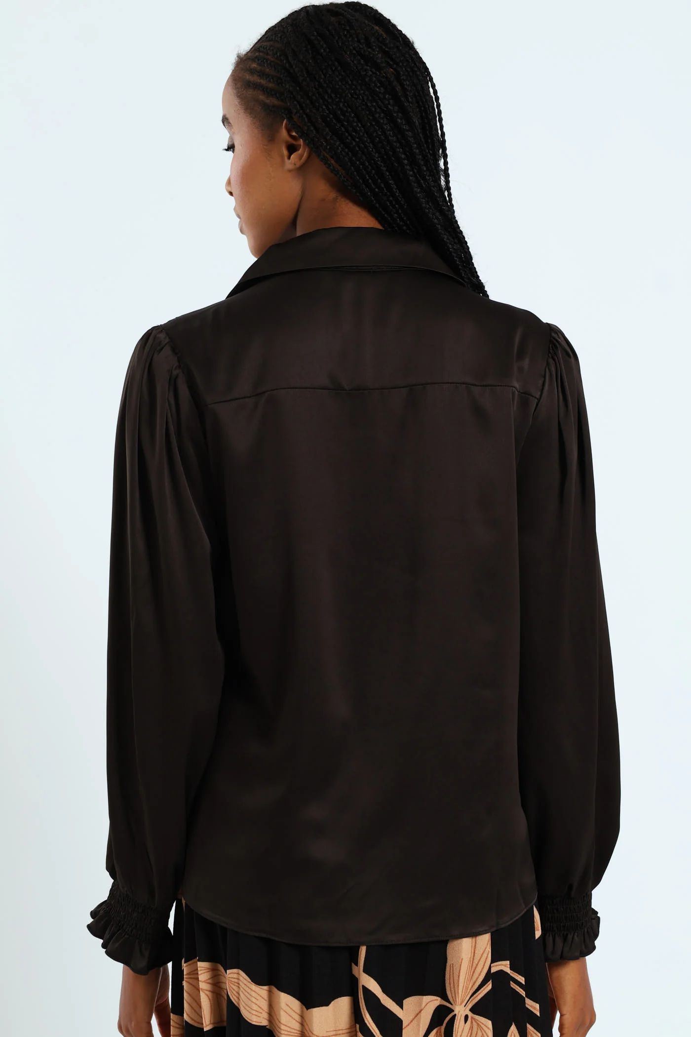 V - Neck Shirred Cuff Satin Shirt - Black - Image 4
