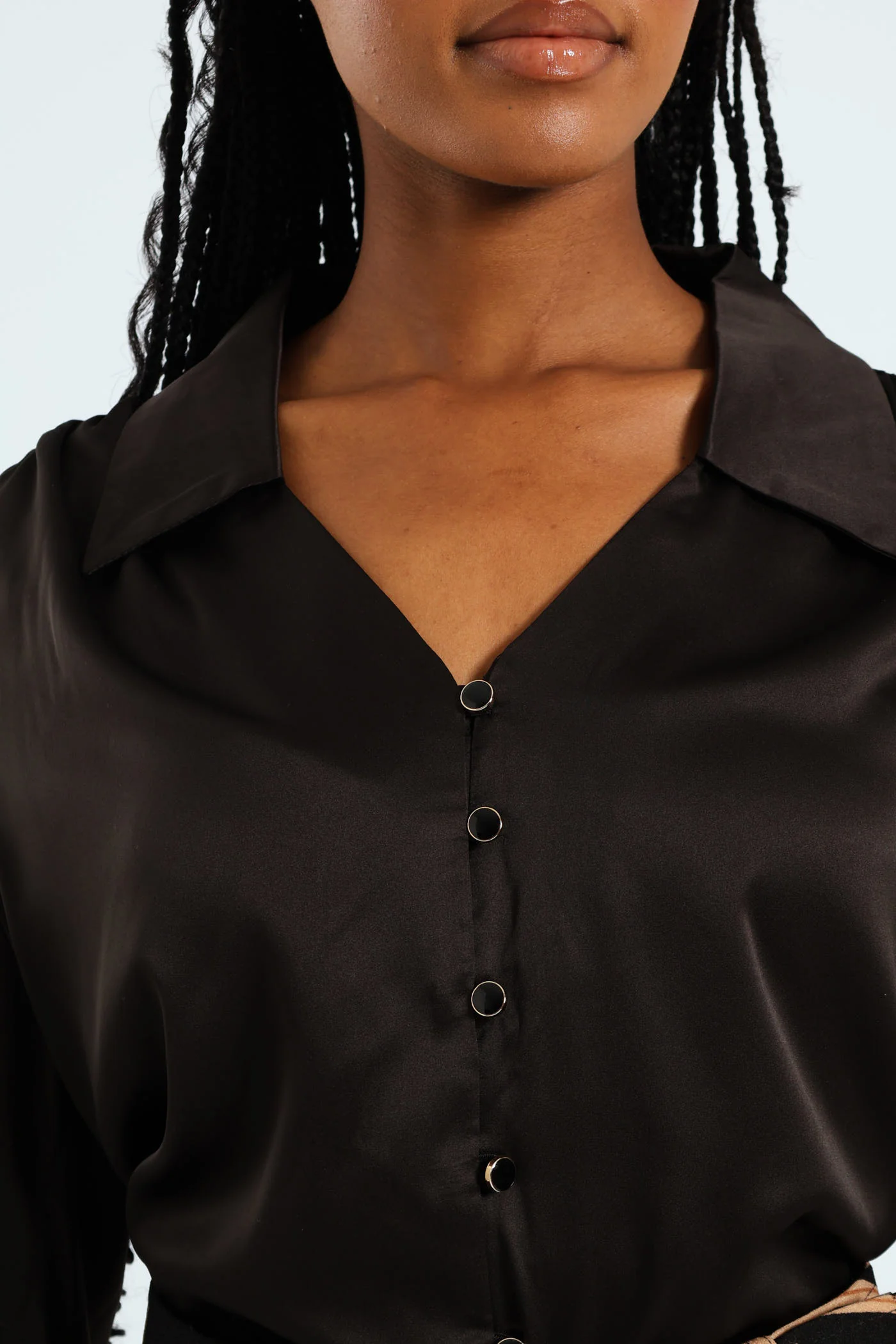 V - Neck Shirred Cuff Satin Shirt - Black - Image 5