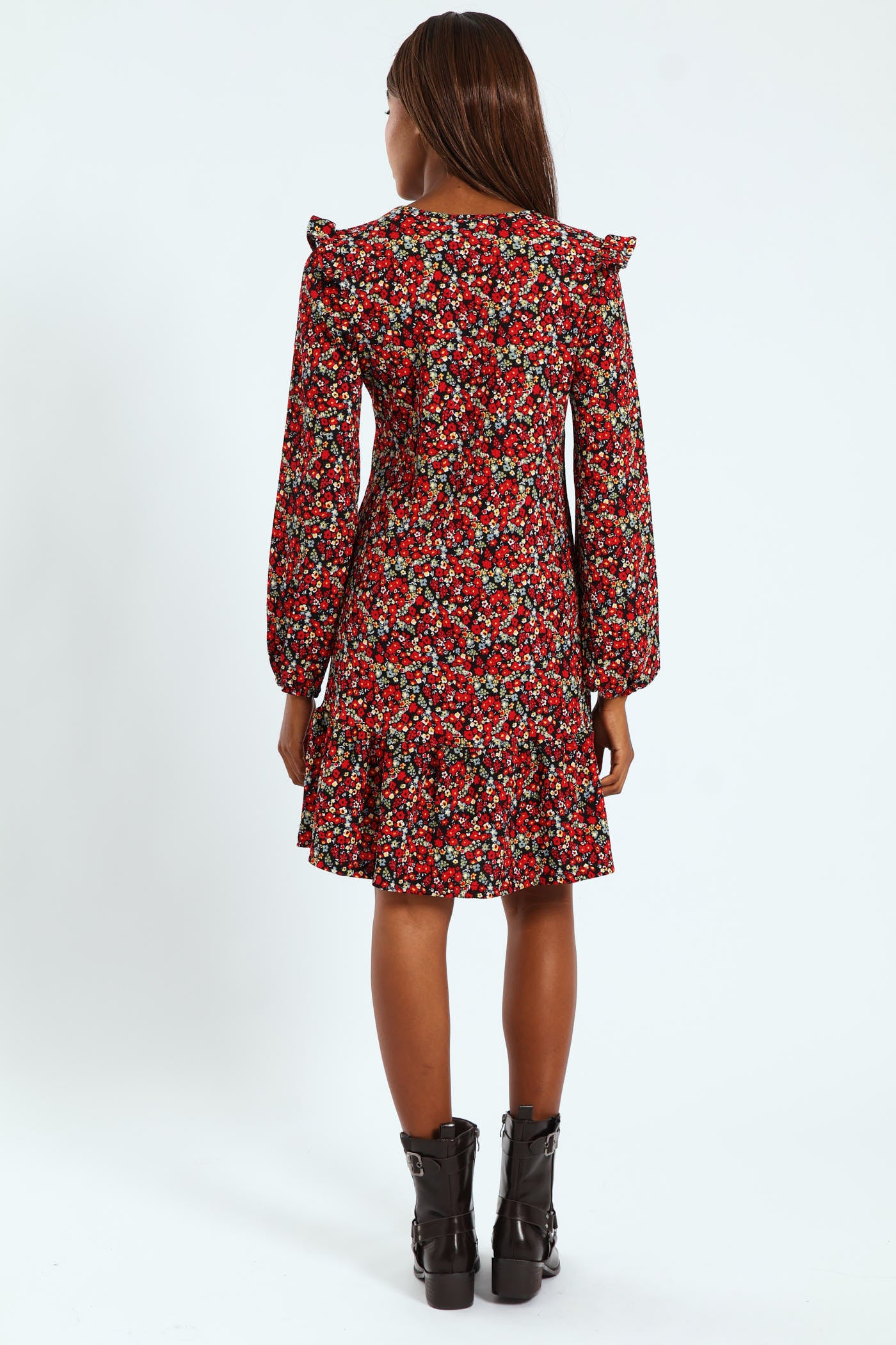 V-Neck Shoulder Frill Crinkle Mini Dress - Image 3