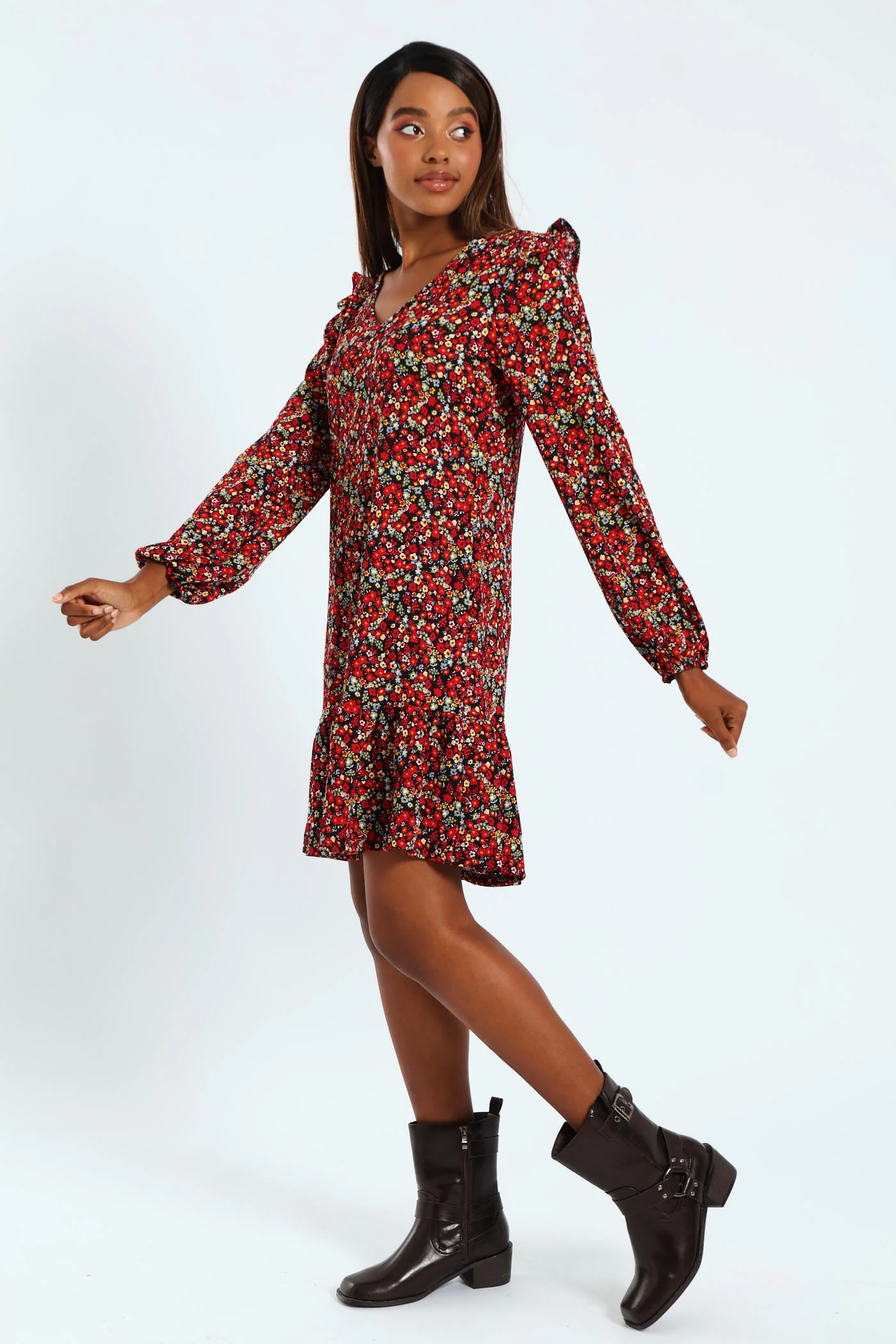 V-Neck Shoulder Frill Crinkle Mini Dress - Image 4