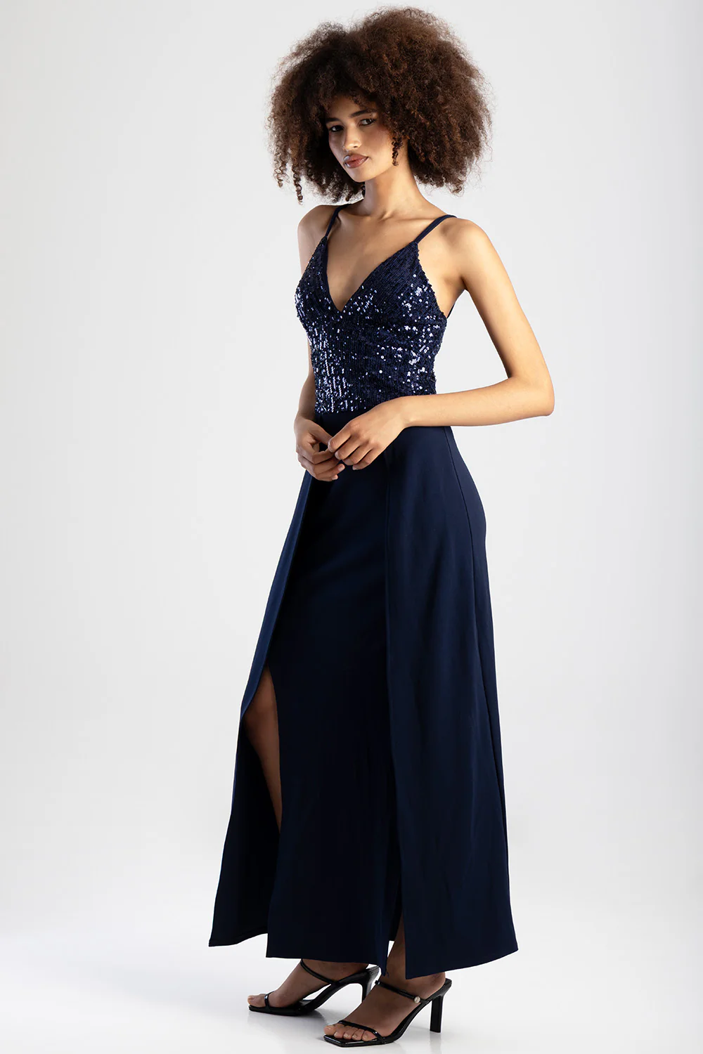 V-Neck Slit Detail Maxi Dress  - Navy - Image 4