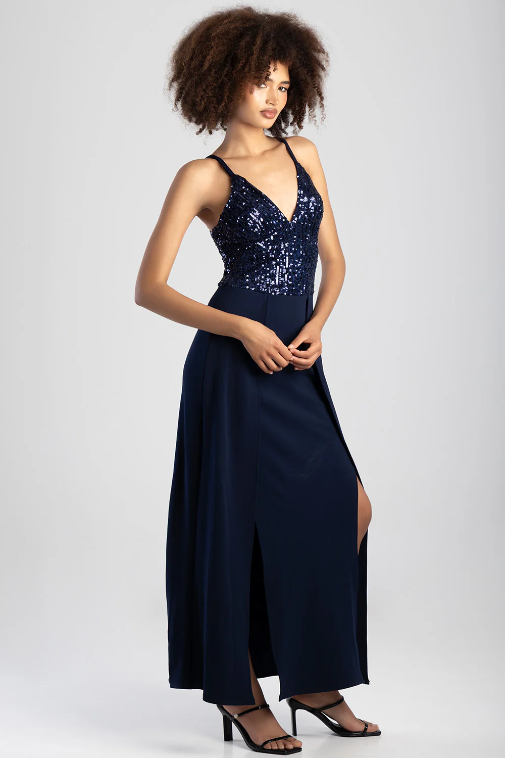 V-Neck Slit Detail Maxi Dress  - Navy - Image 7